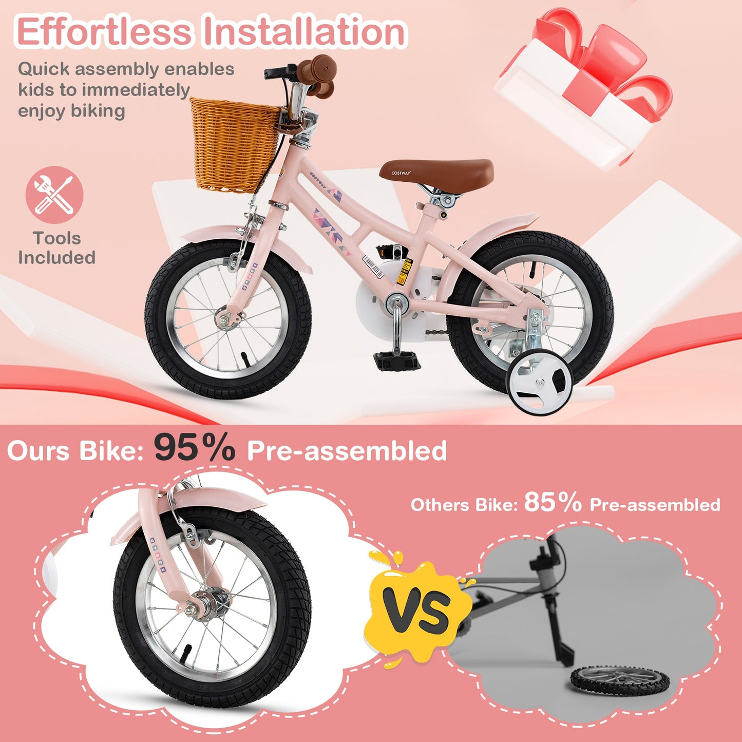 12 Inch Kids Bike Retro Bicycle with Adjustable Height and Basket for Ages 3-8 Years Old Kids Crystal