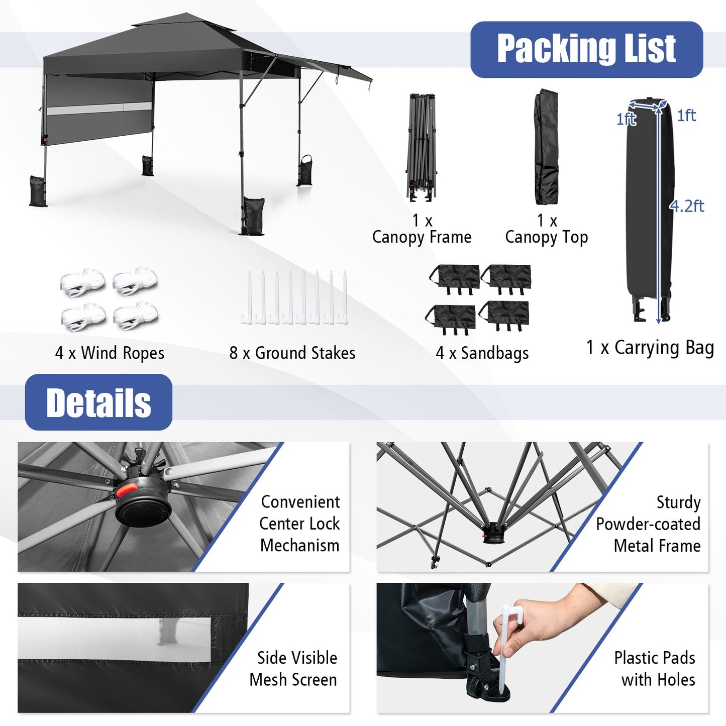 10 x 17.6 Feet Outdoor Instant Pop-up Canopy Tent with Dual Half Awnings-Black Kids Crystal