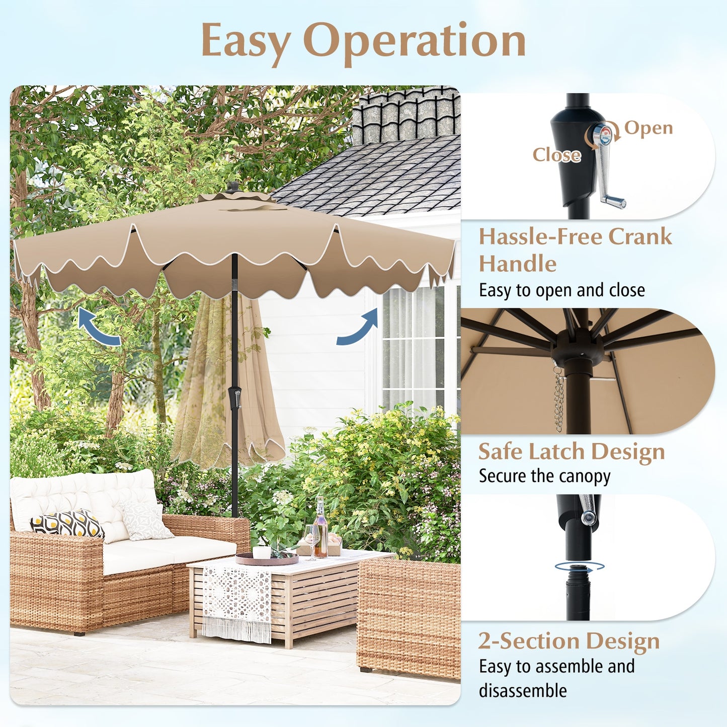 9 Feet Patio Umbrella with Crank Handle and Push Button Tilt-Brown Kids Crystal