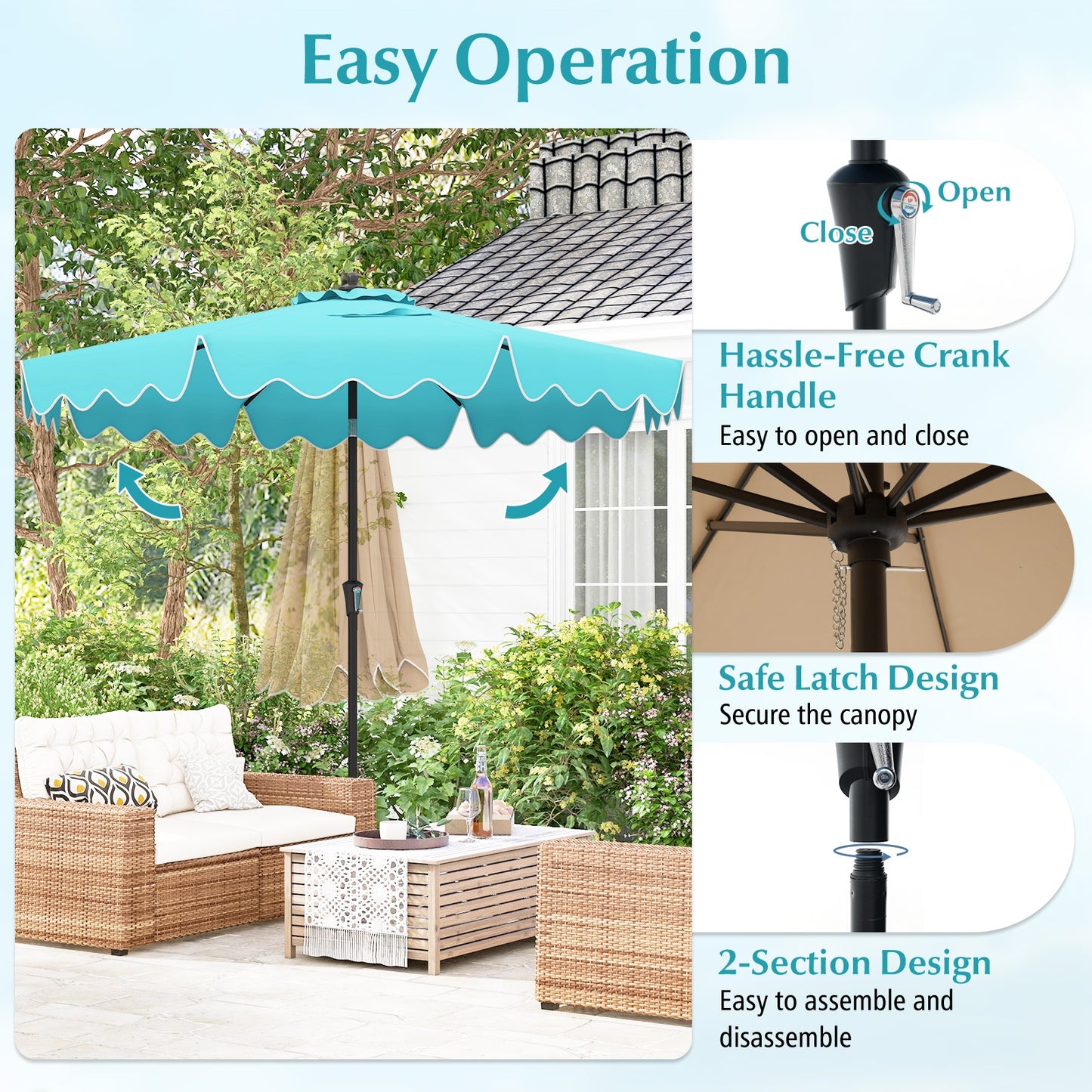 9 Feet Patio Umbrella with Crank Handle and Push Button Tilt-Turquoise Kids Crystal