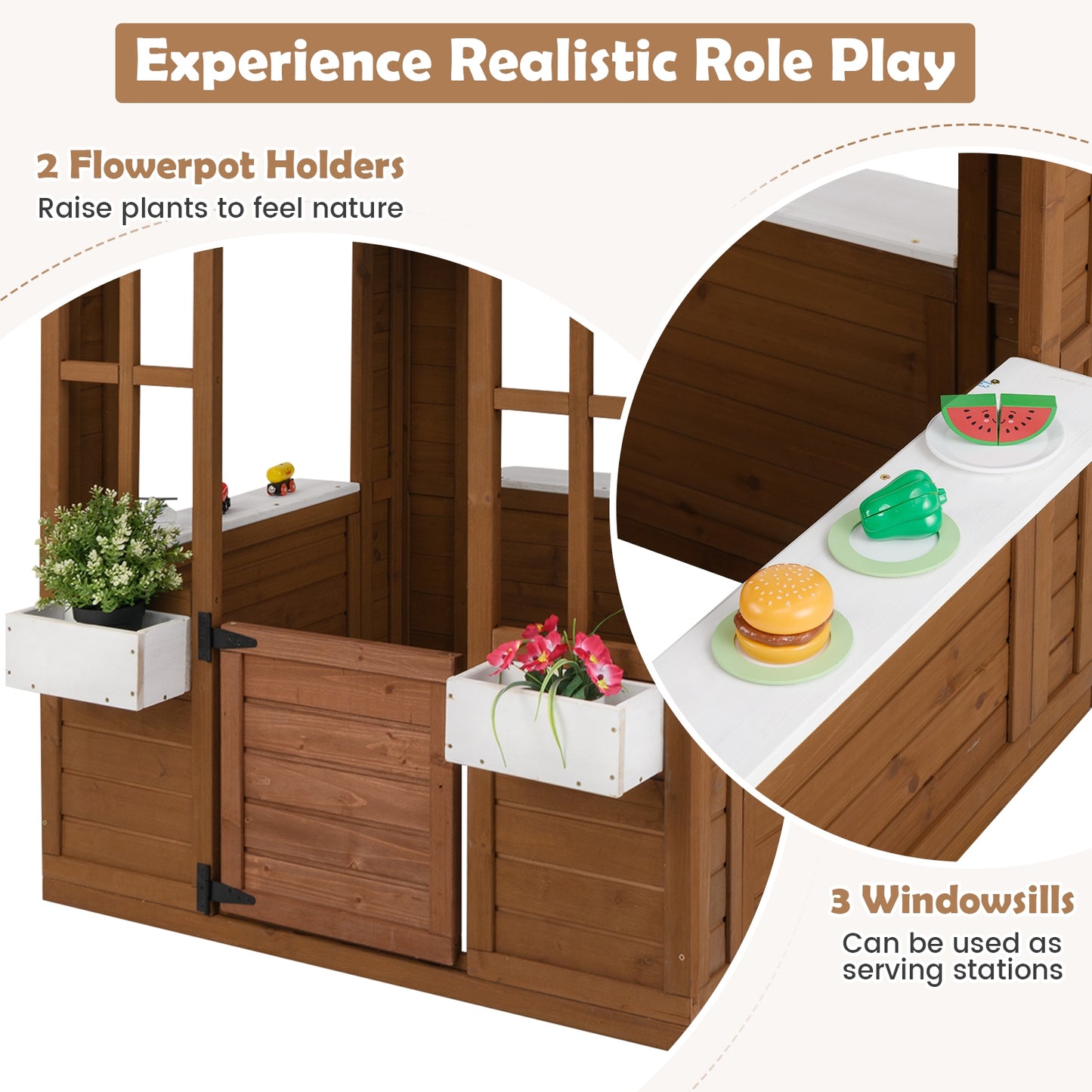 Outdoor Playhouse with Serving Stations and Door for 2+ Years Old Kids Crystal