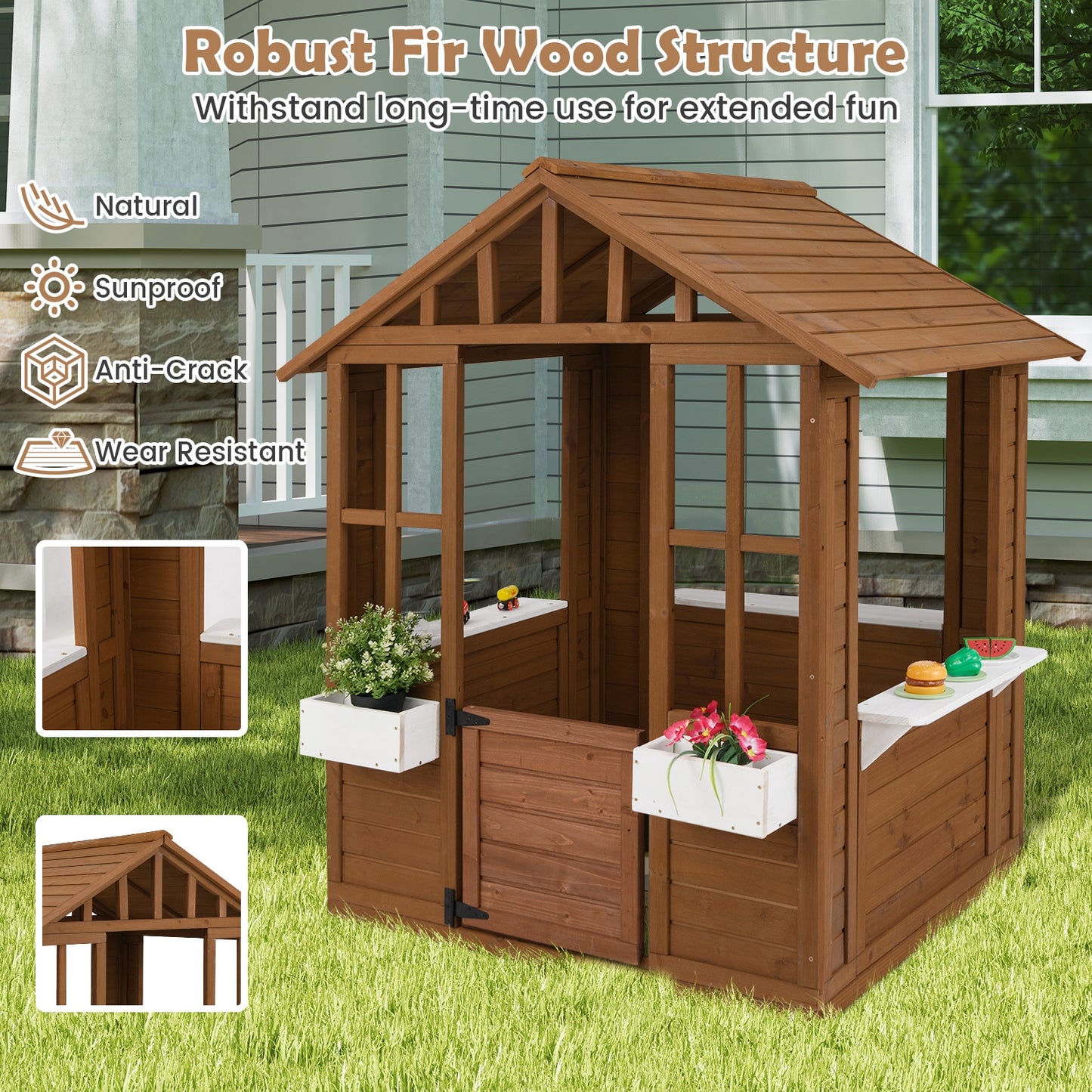 Outdoor Playhouse with Serving Stations and Door for 2+ Years Old Kids Crystal