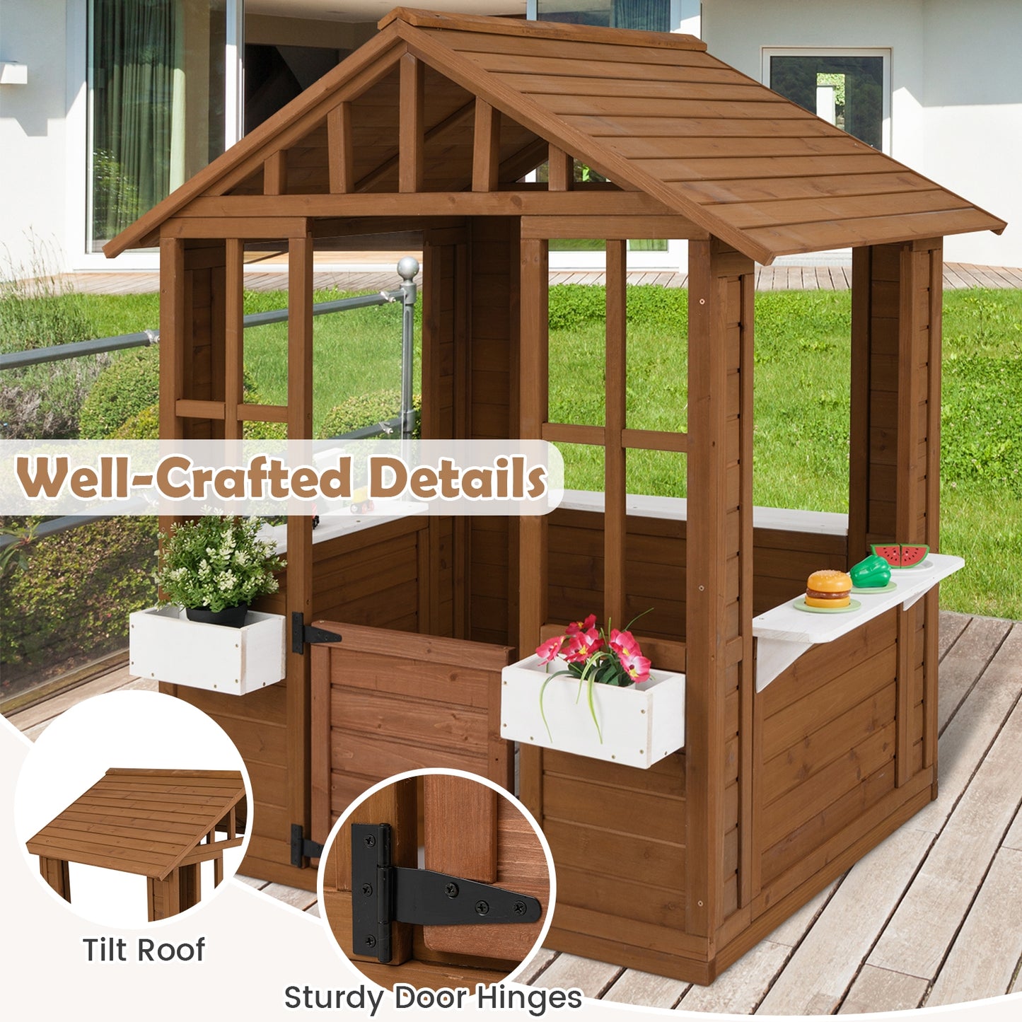 Outdoor Playhouse with Serving Stations and Door for 2+ Years Old Kids Crystal