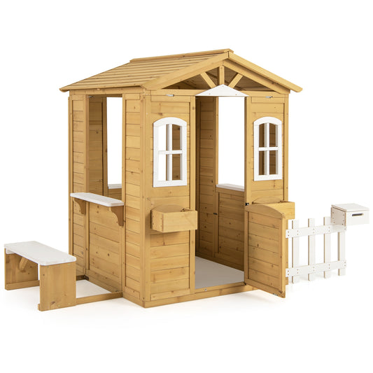 Wood Playhouse with Bench and Serving Stations for 2+ Years Old Kids Kids Crystal