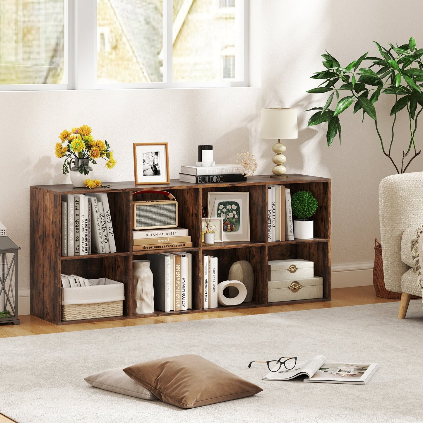 8-Cube Bookcase Bookshelf with 2 Anti-Tipping Kits Storage Organizer-Rustic Brown