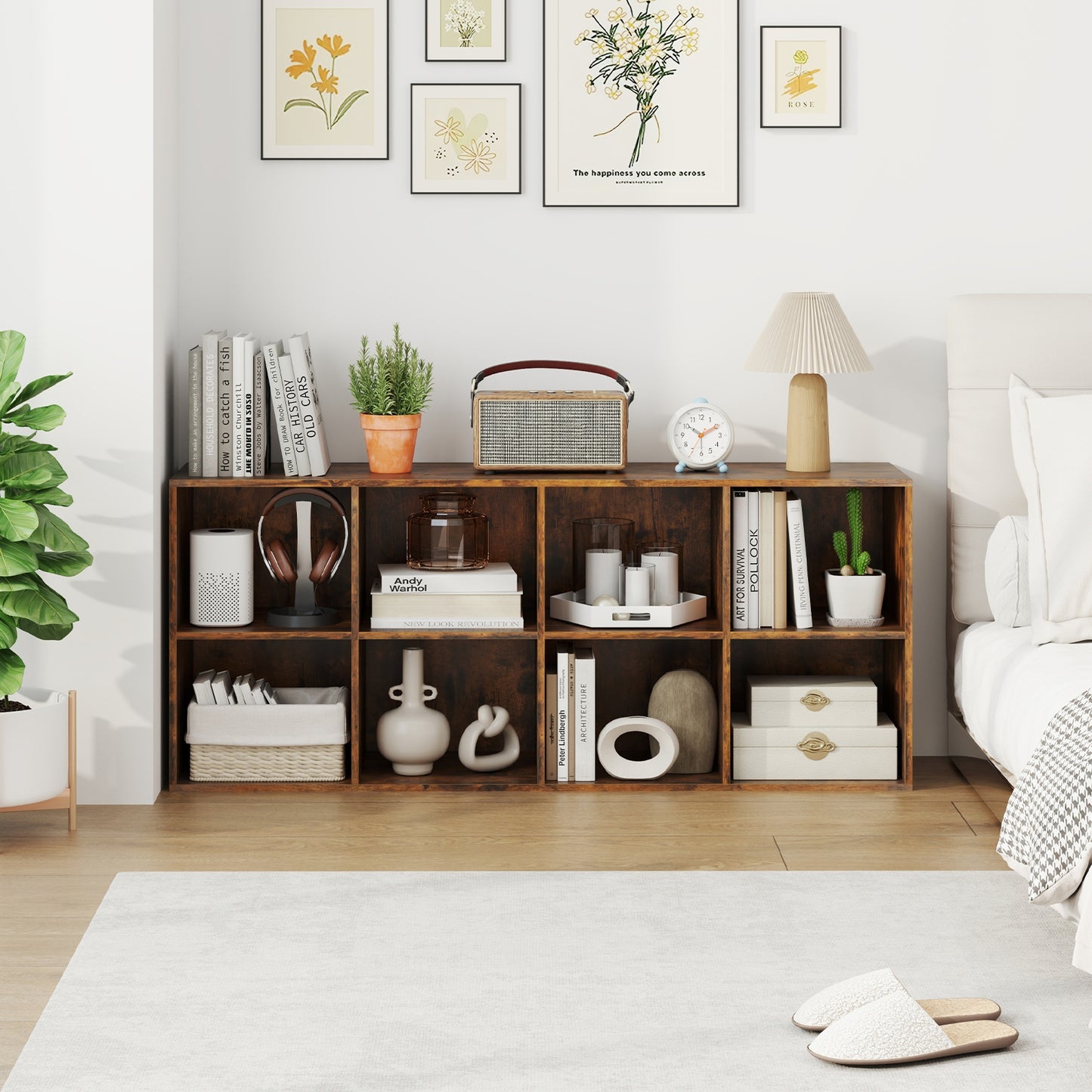 8-Cube Bookcase Bookshelf with 2 Anti-Tipping Kits Storage Organizer-Rustic Brown