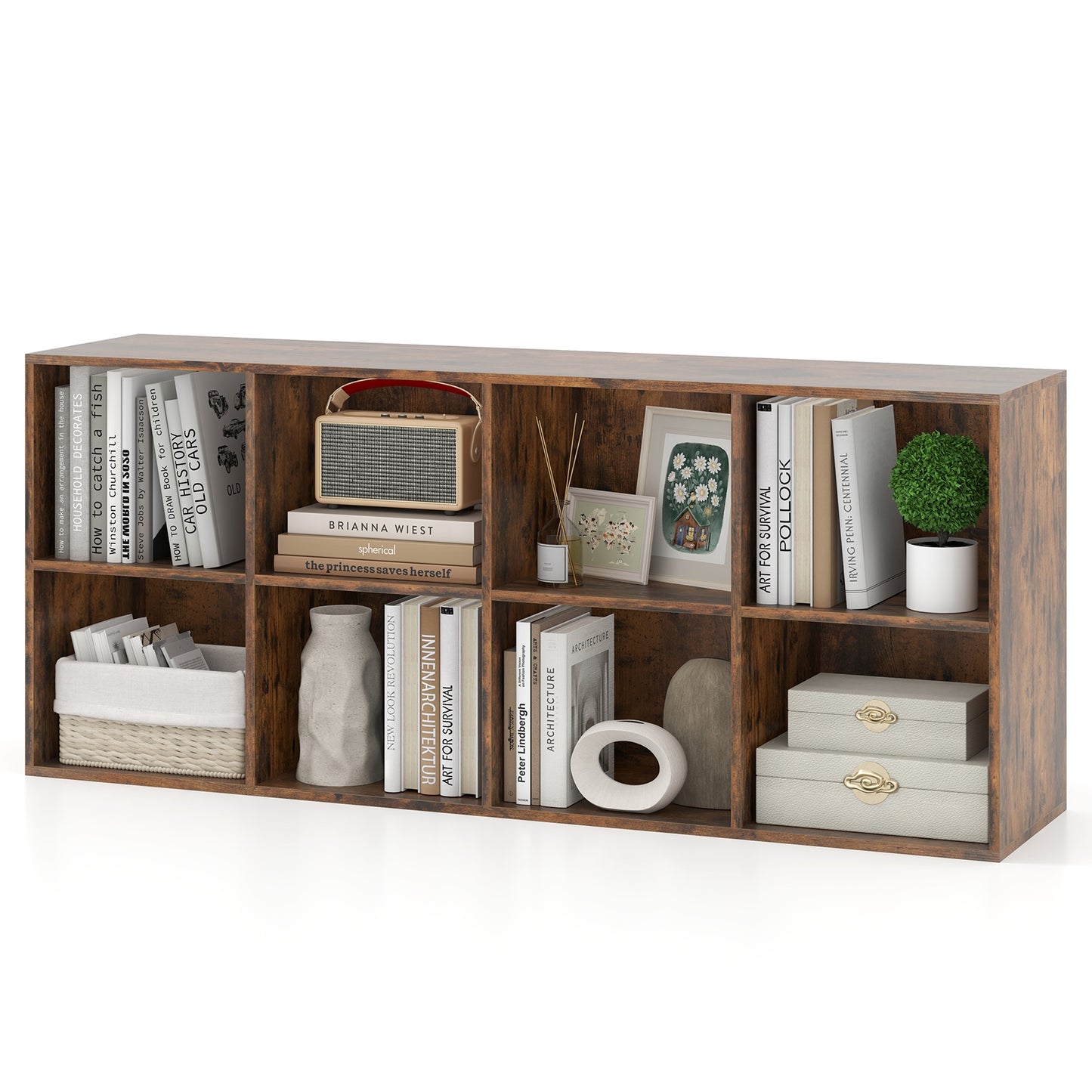 8-Cube Bookcase Bookshelf with 2 Anti-Tipping Kits Storage Organizer-Rustic Brown