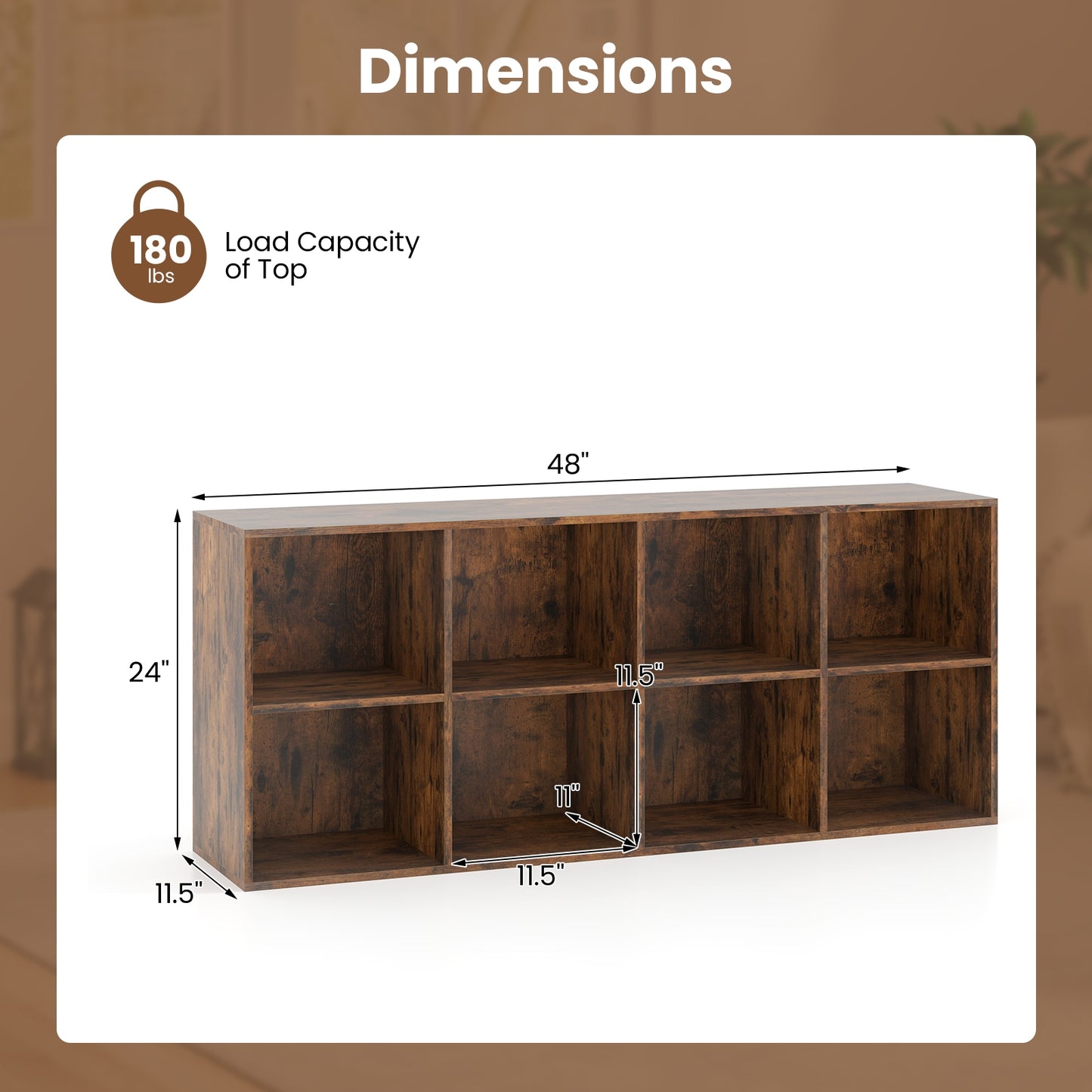 8-Cube Bookcase Bookshelf with 2 Anti-Tipping Kits Storage Organizer-Rustic Brown