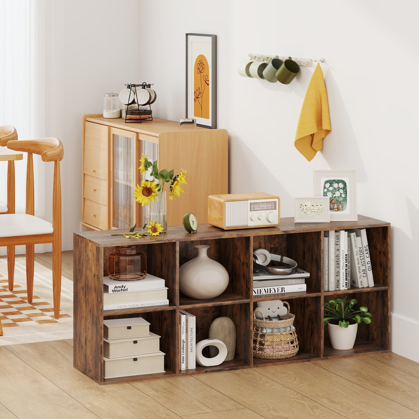 8-Cube Bookcase Bookshelf with 2 Anti-Tipping Kits Storage Organizer-Rustic Brown