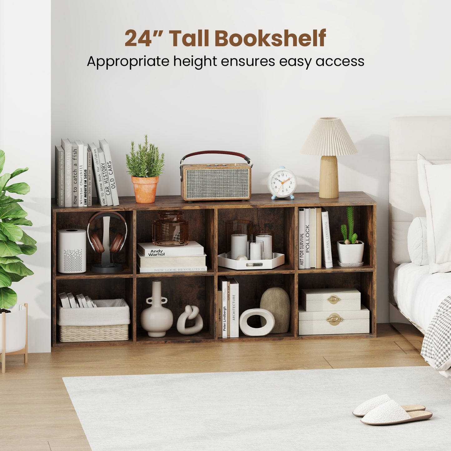 8-Cube Bookcase Bookshelf with 2 Anti-Tipping Kits Storage Organizer-Rustic Brown