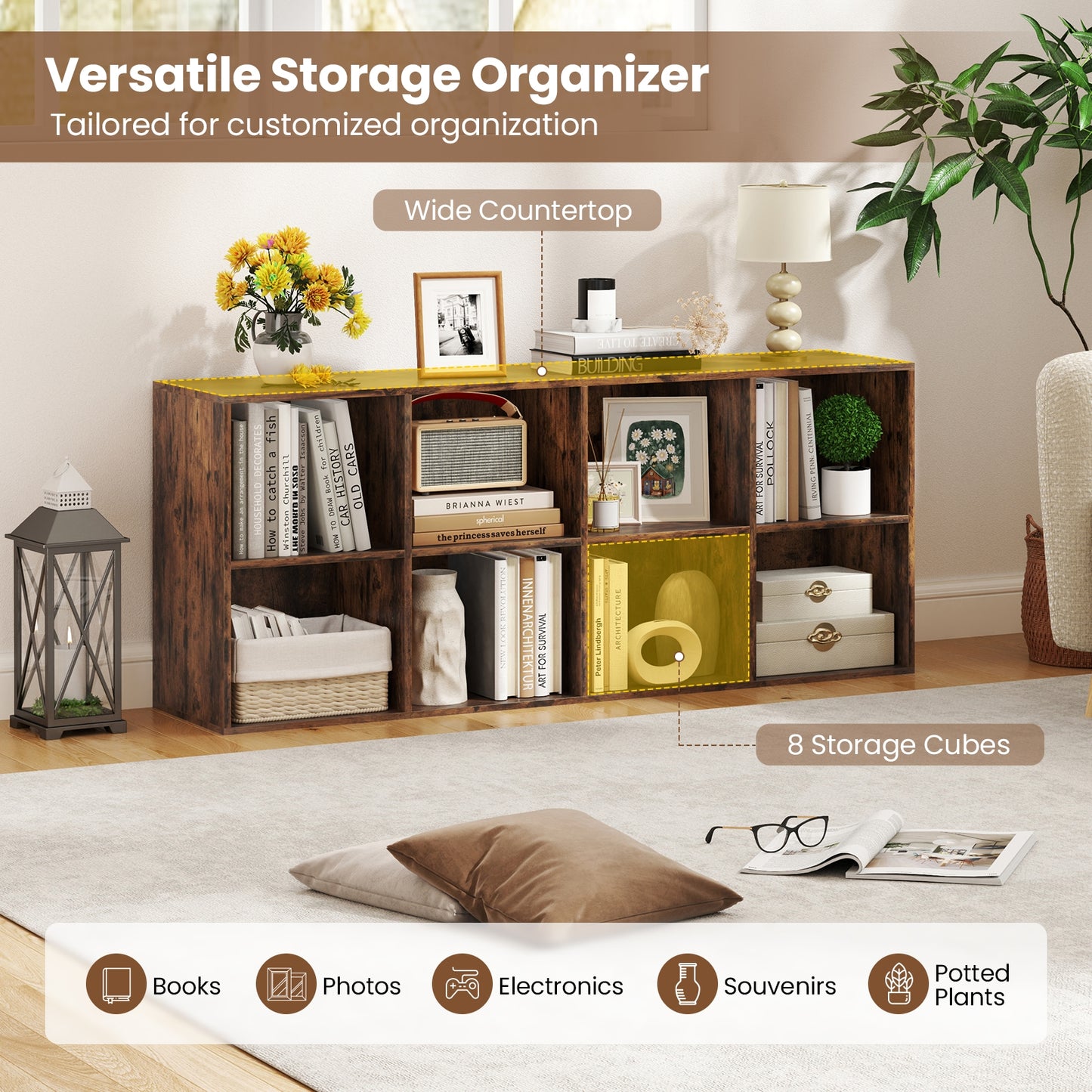 8-Cube Bookcase Bookshelf with 2 Anti-Tipping Kits Storage Organizer-Rustic Brown Kids Crystal