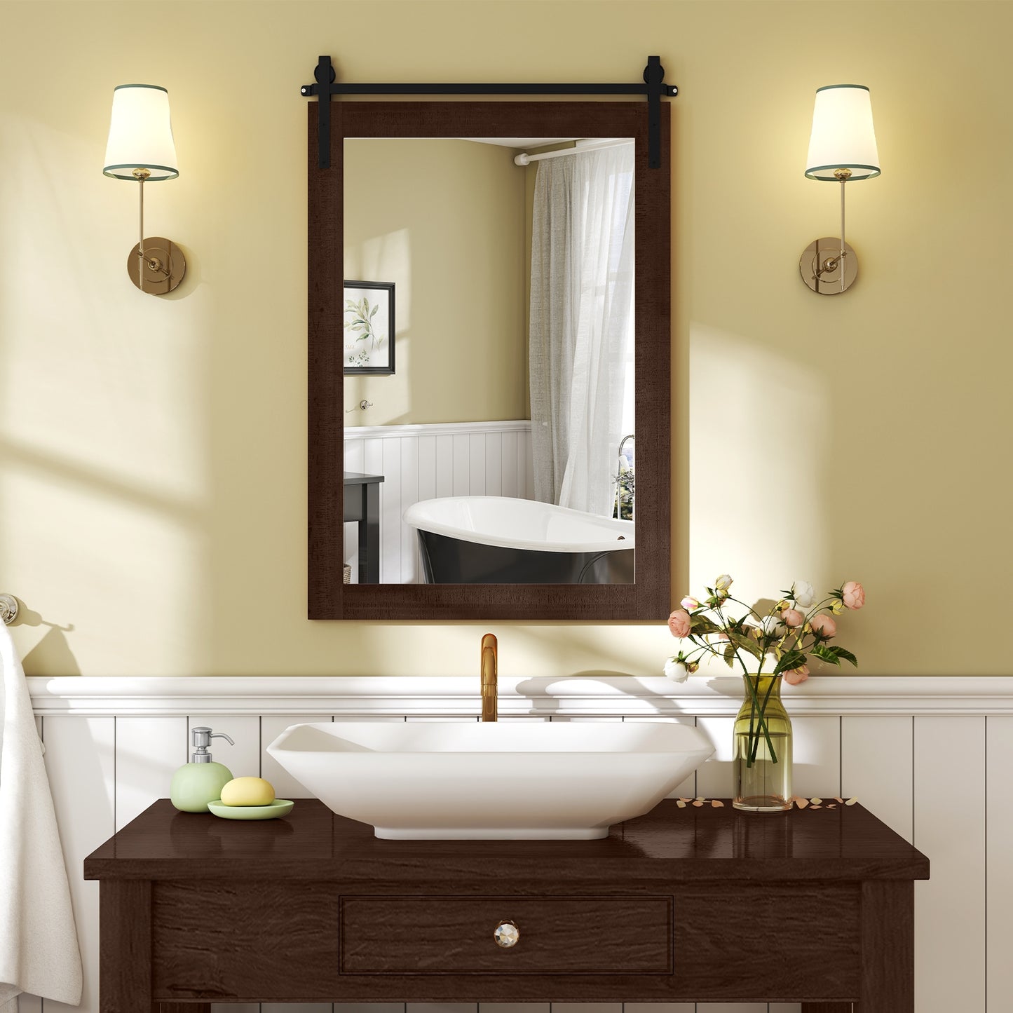Rustic Wood Frame Barn Door Style Farmhouse Wall Mirror-Walnut Kids Crystal