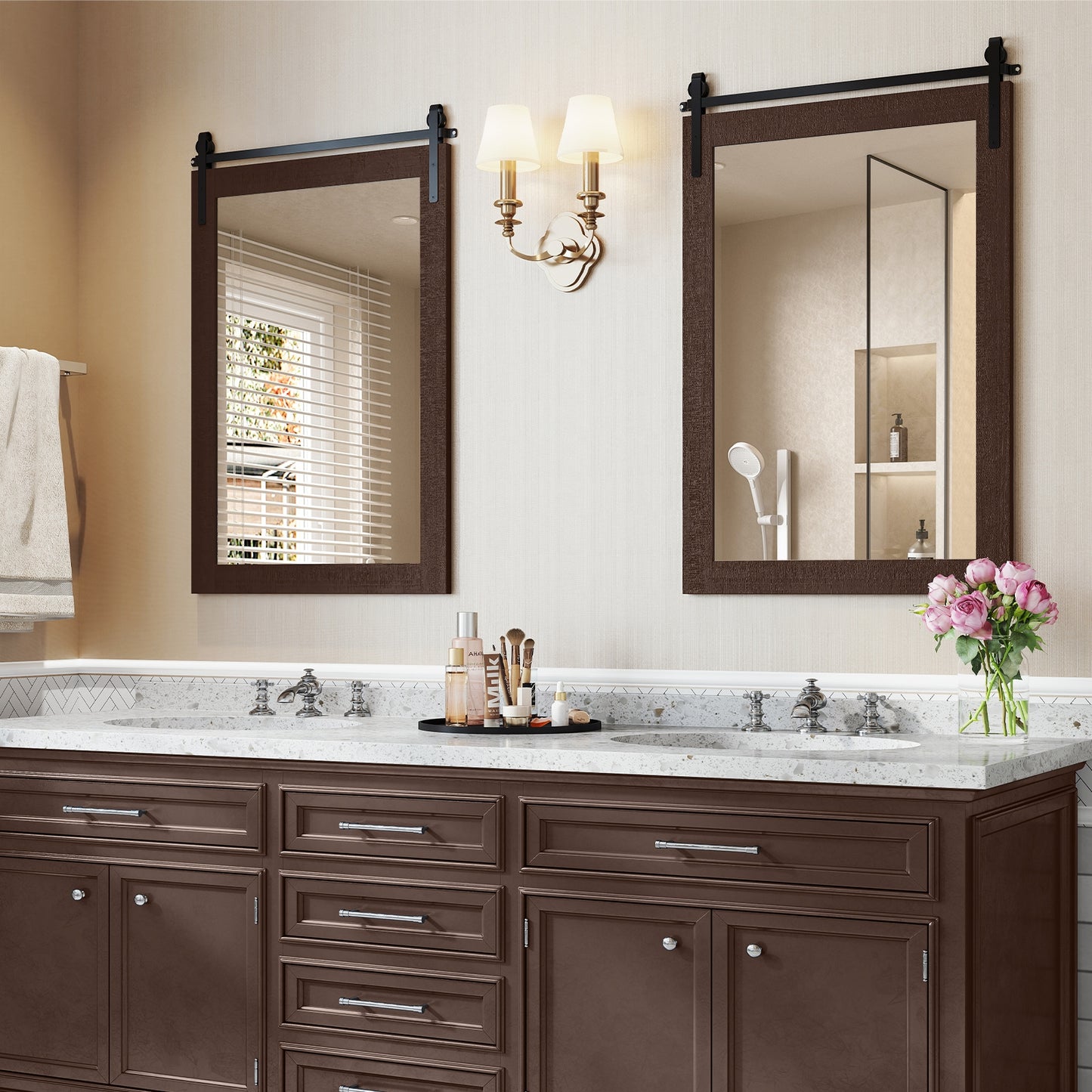 Rustic Wood Frame Barn Door Style Farmhouse Wall Mirror-Walnut Kids Crystal