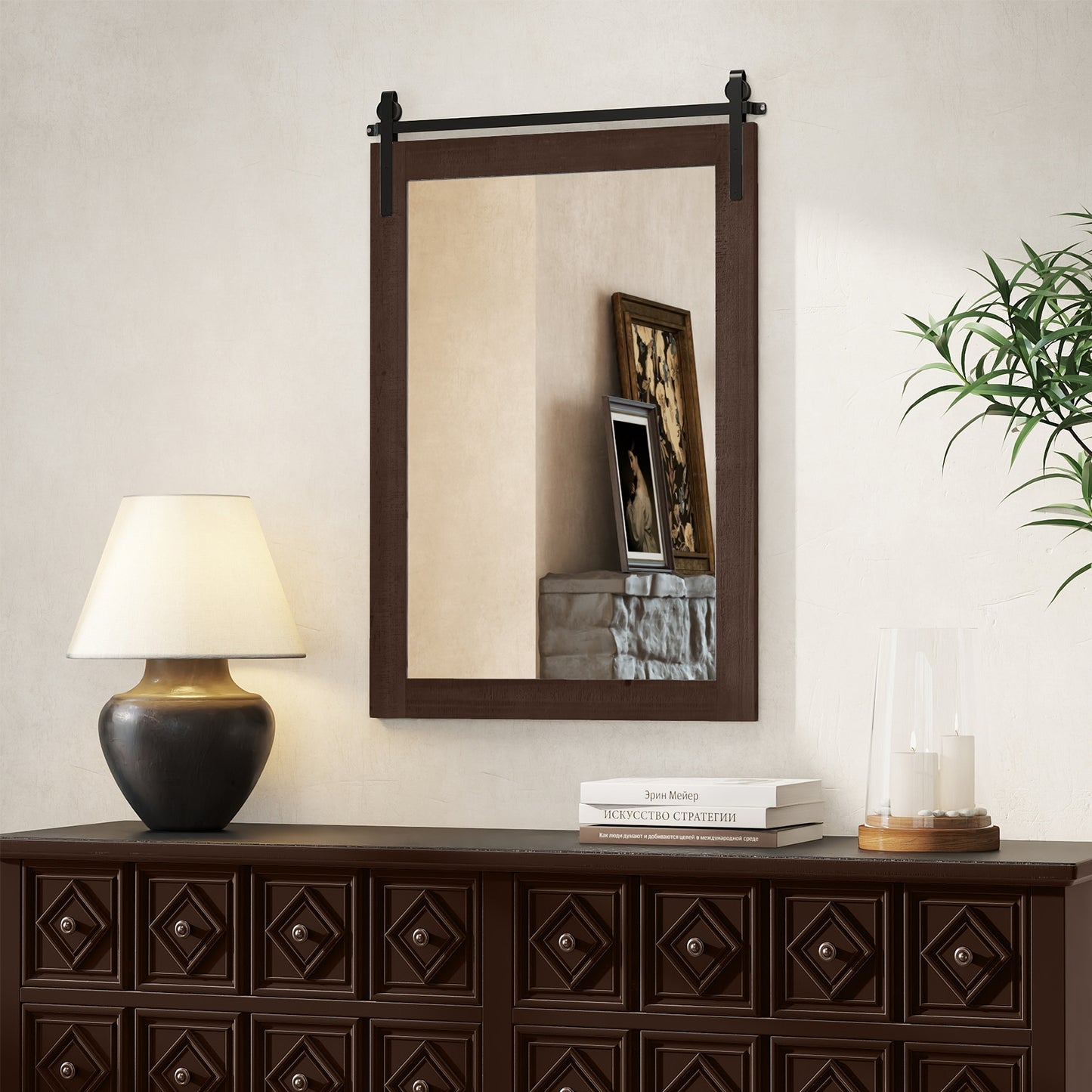 Rustic Wood Frame Barn Door Style Farmhouse Wall Mirror-Walnut Kids Crystal