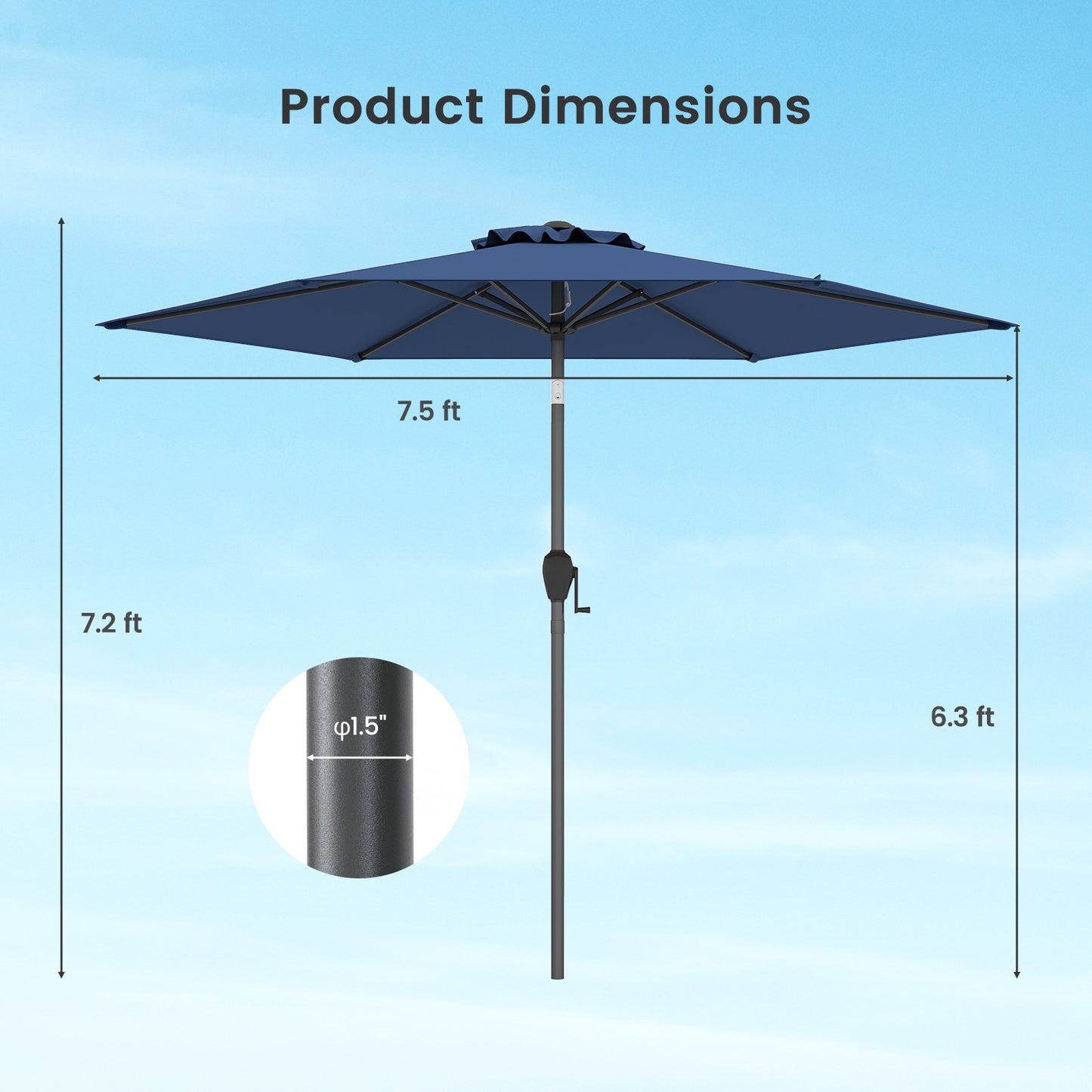 7.5 feet Outdoor Patio Heavy Duty Market Umbrella with Push Button Tilt-Navy Kids Crystal