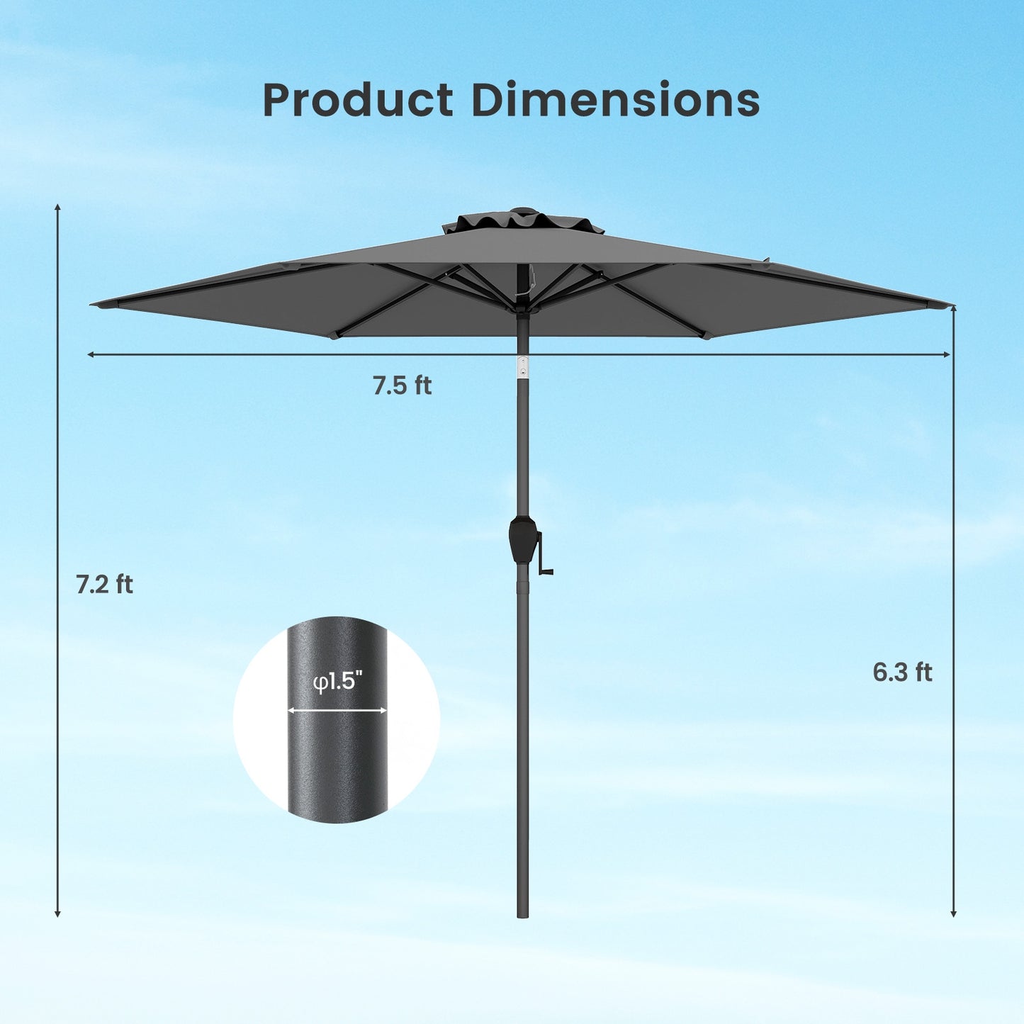 7.5 feet Outdoor Patio Heavy Duty Market Umbrella with Push Button Tilt-Gray Kids Crystal