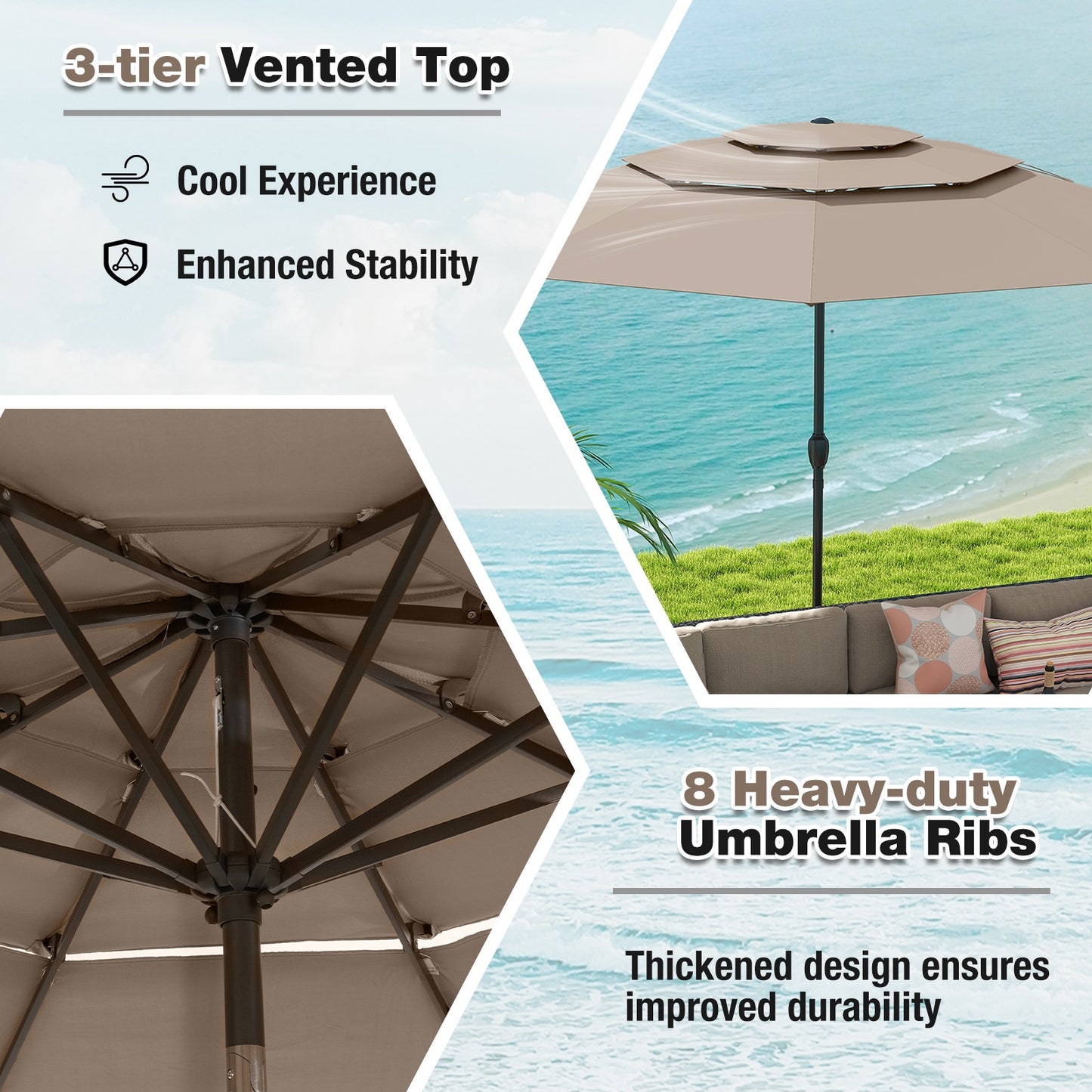 10 ft 3-tier Vented Patio Umbrella with Push Button Tilt-Brown Kids Crystal