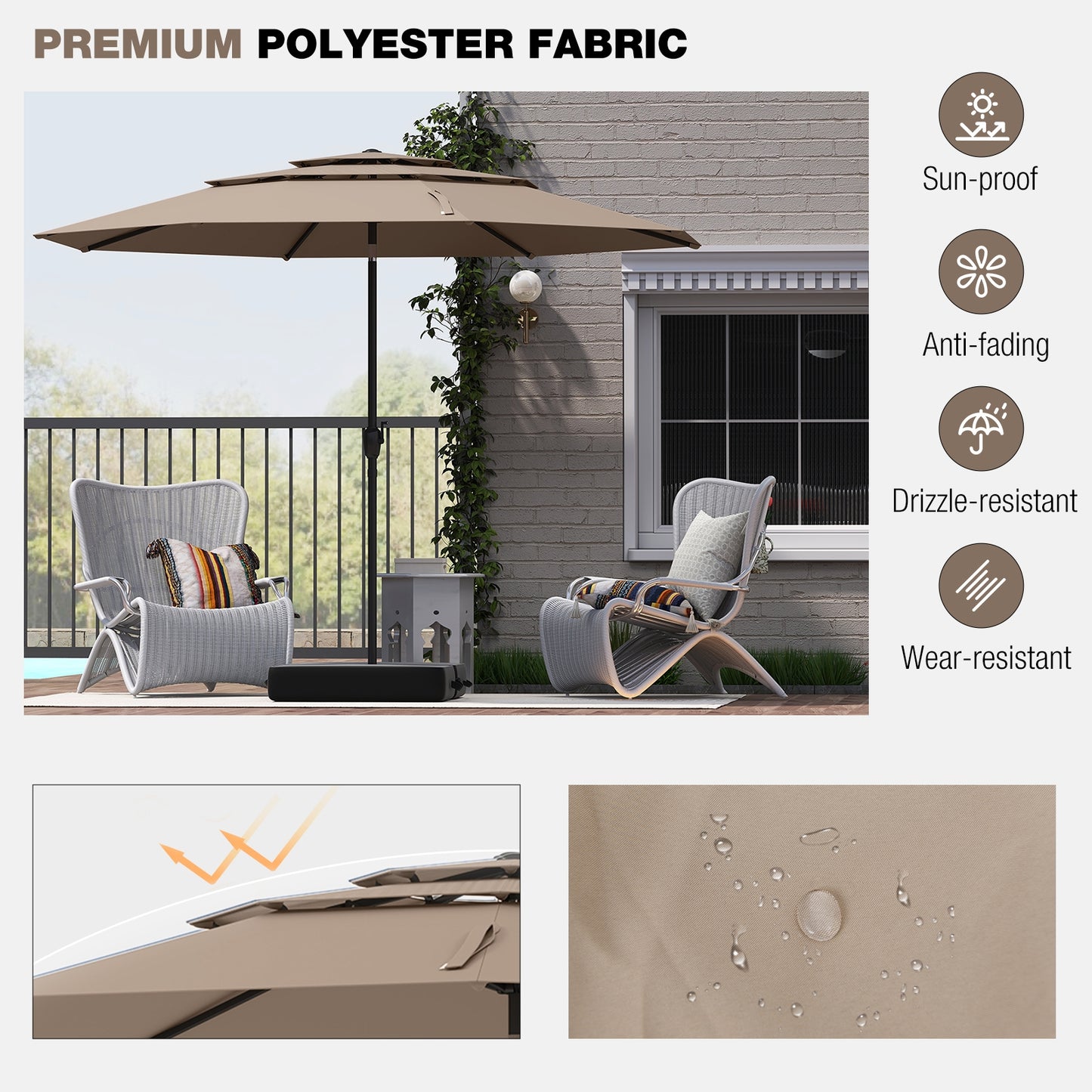 10 ft 3-tier Vented Patio Umbrella with Push Button Tilt-Brown Kids Crystal