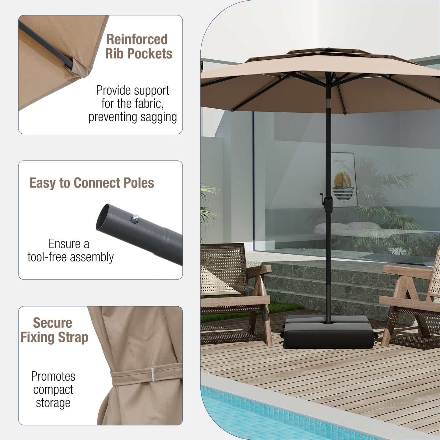 10 ft 3-tier Vented Patio Umbrella with Push Button Tilt-Brown Kids Crystal