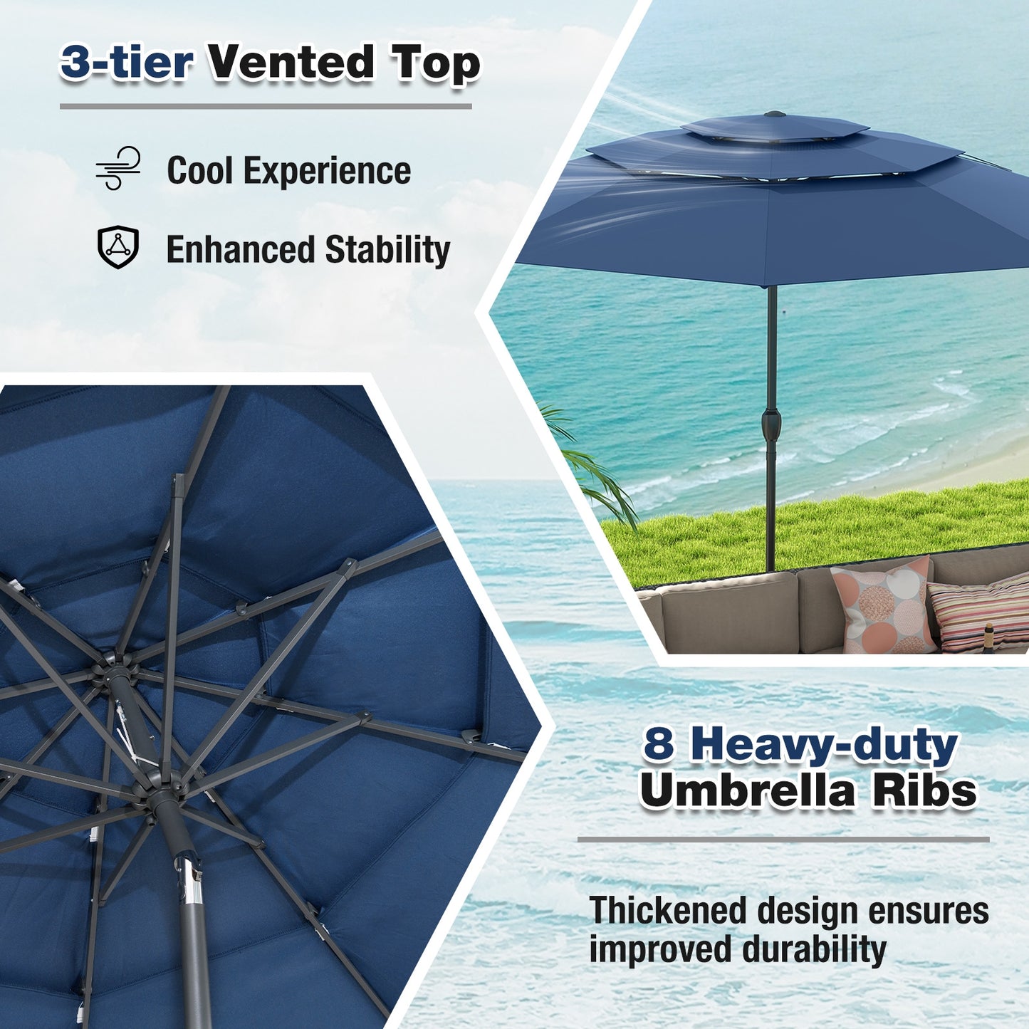 10 ft 3-tier Vented Patio Umbrella with Push Button Tilt-Navy Kids Crystal