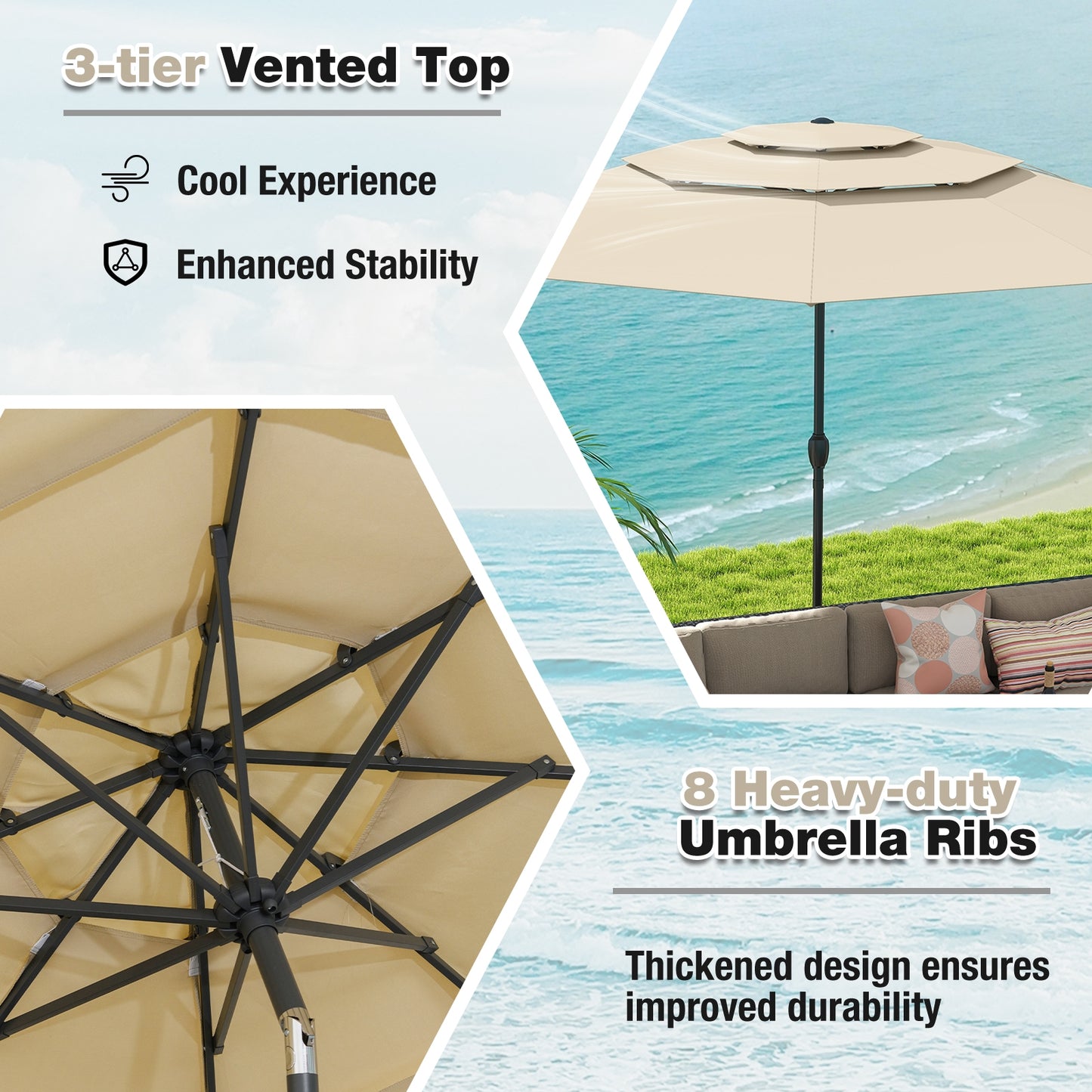 10 ft 3-tier Vented Patio Umbrella with Push Button Tilt-Beige Kids Crystal