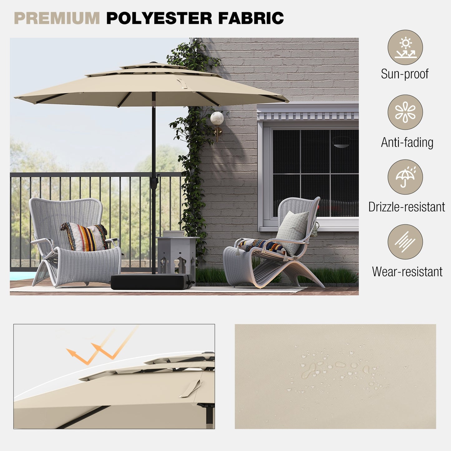10 ft 3-tier Vented Patio Umbrella with Push Button Tilt-Beige Kids Crystal