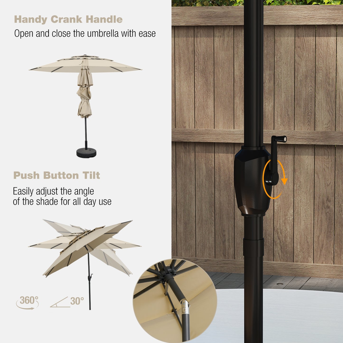 10 ft 3-tier Vented Patio Umbrella with Push Button Tilt-Beige Kids Crystal