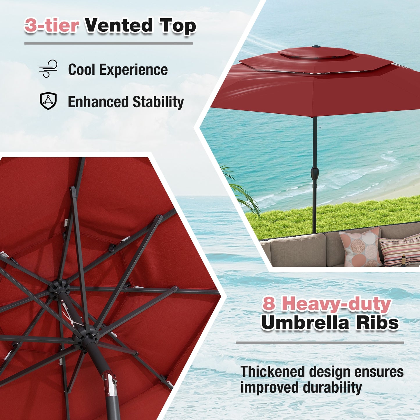 10 ft 3-tier Vented Patio Umbrella with Push Button Tilt-Red Kids Crystal