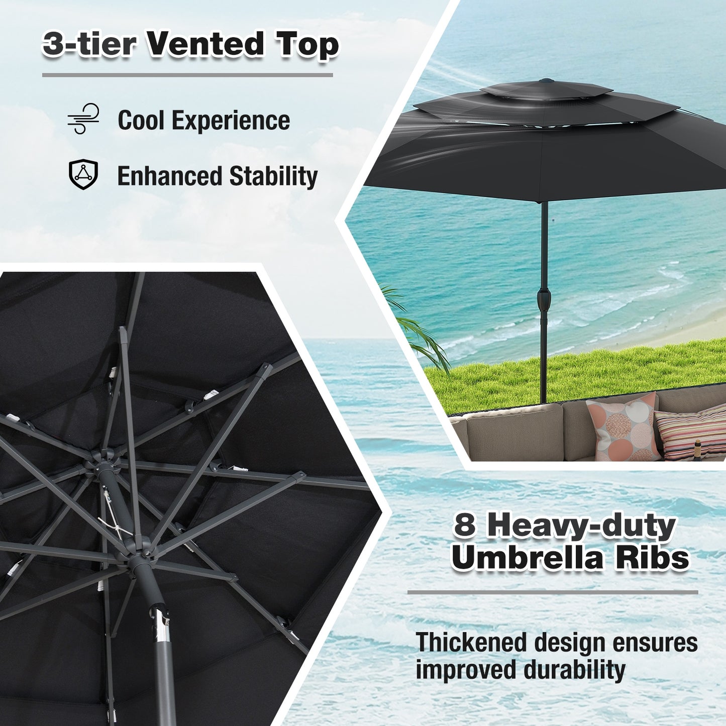 10 ft 3-tier Vented Patio Umbrella with Push Button Tilt-Black Kids Crystal