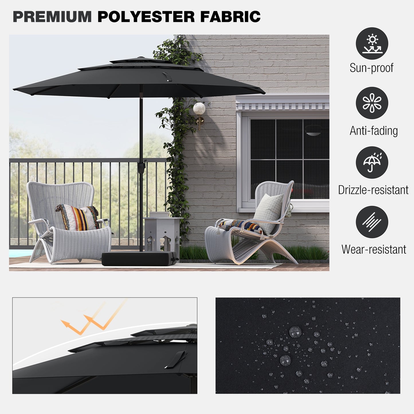 10 ft 3-tier Vented Patio Umbrella with Push Button Tilt-Black Kids Crystal