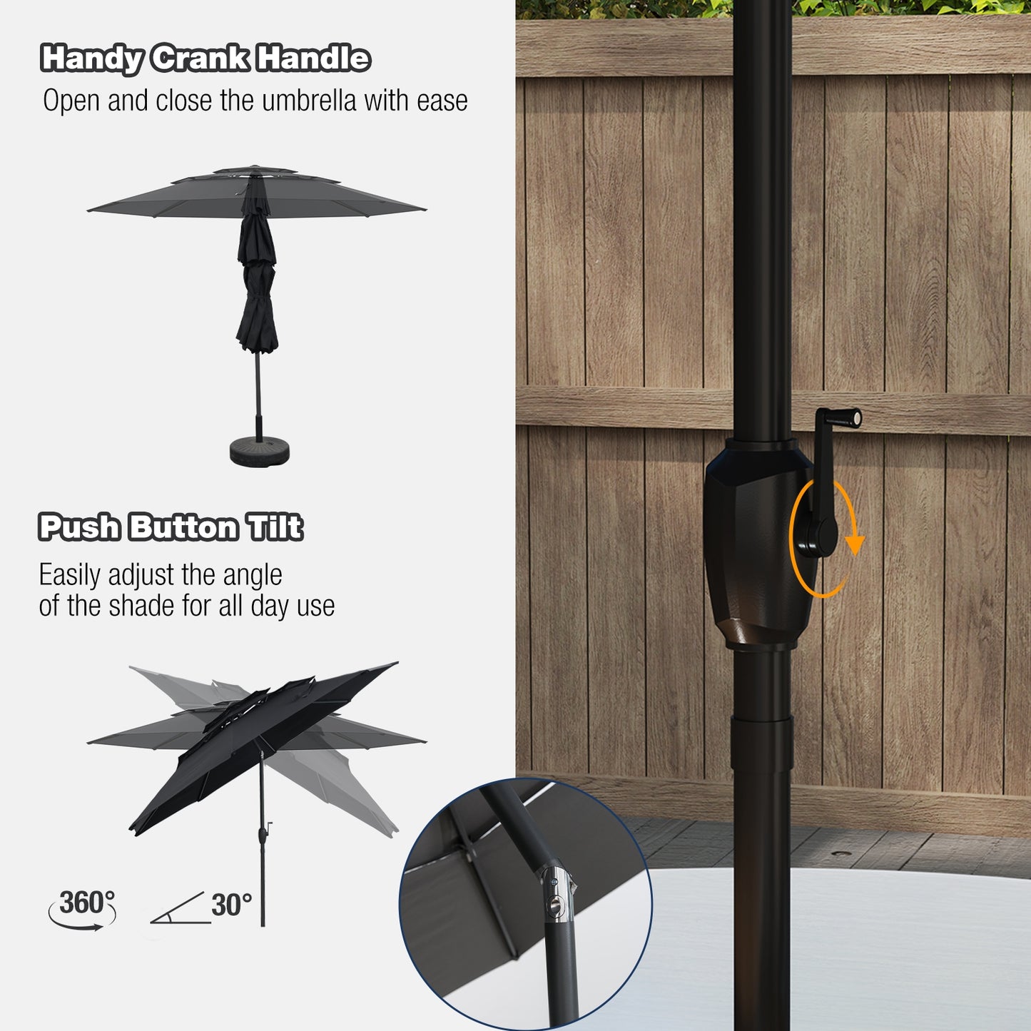 10 ft 3-tier Vented Patio Umbrella with Push Button Tilt-Black Kids Crystal