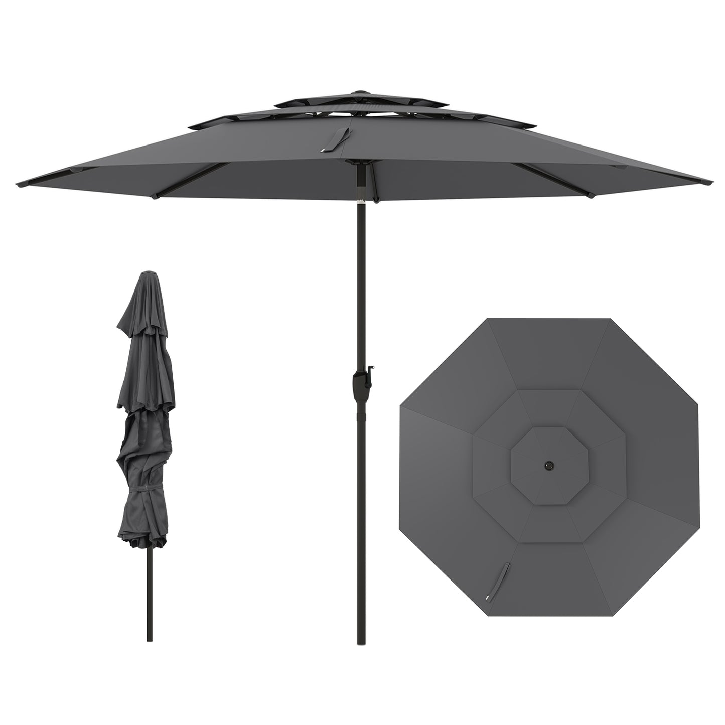 10 ft 3-tier Vented Patio Umbrella with Push Button Tilt-Gray Kids Crystal