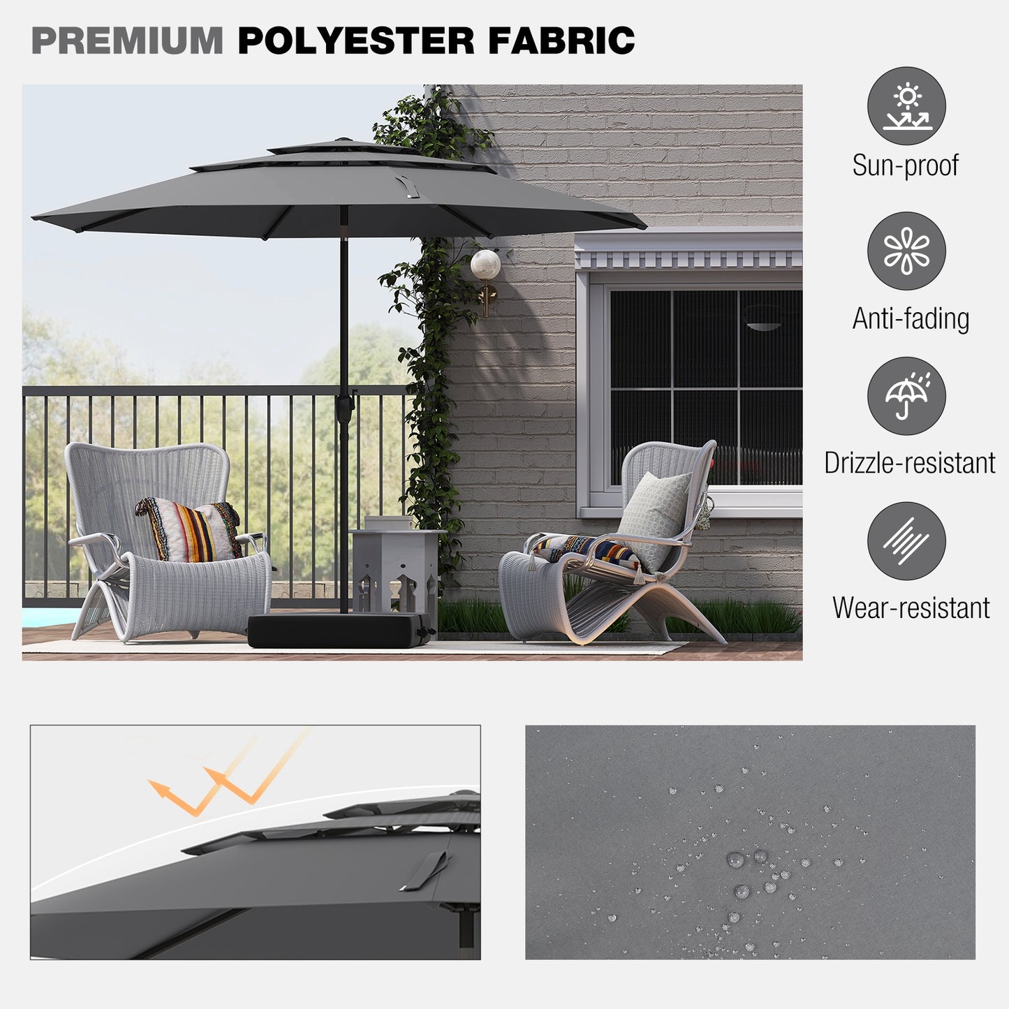 10 ft 3-tier Vented Patio Umbrella with Push Button Tilt-Gray Kids Crystal