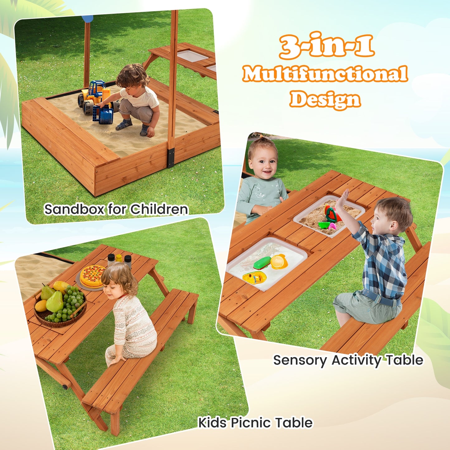 Kids Wooden Sand Box with Foldable Picnic Sensory Table and Bench-Natural
