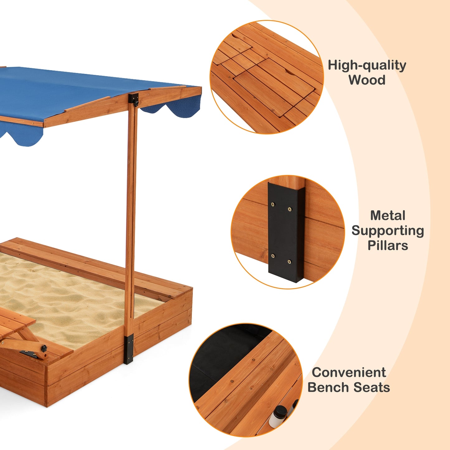 Kids Wooden Sand Box with Foldable Picnic Sensory Table and Bench-Natural