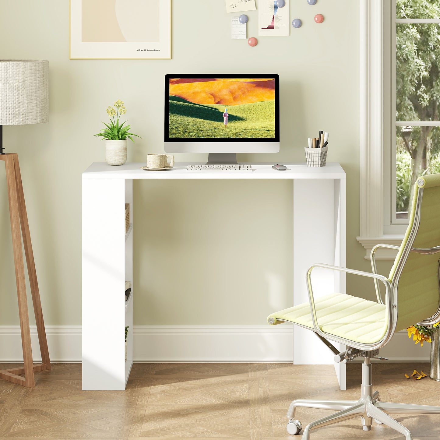 36 Inch White Computer Desk with 3 Open Shelves for Home Office Study-White