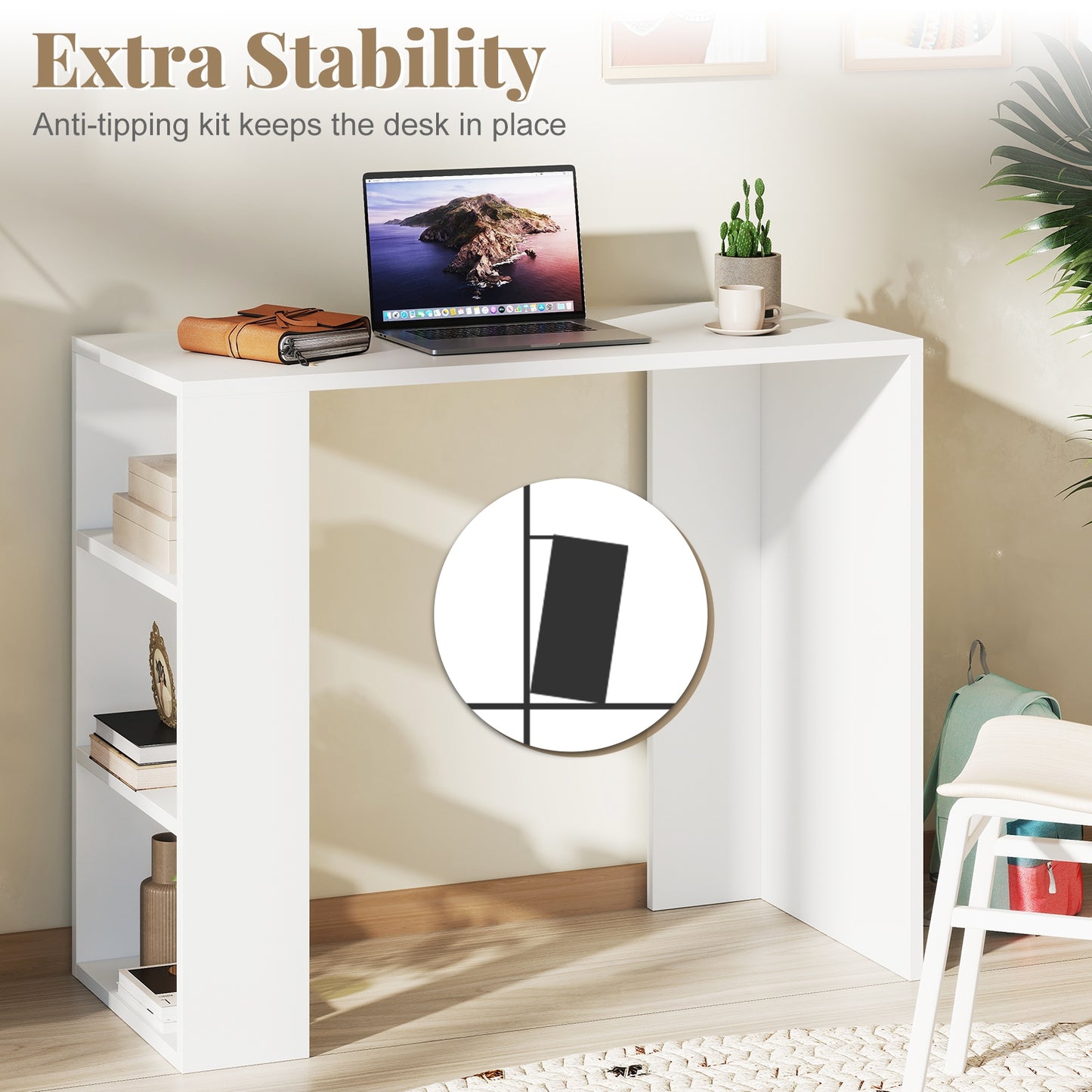 36 Inch White Computer Desk with 3 Open Shelves for Home Office Study-White