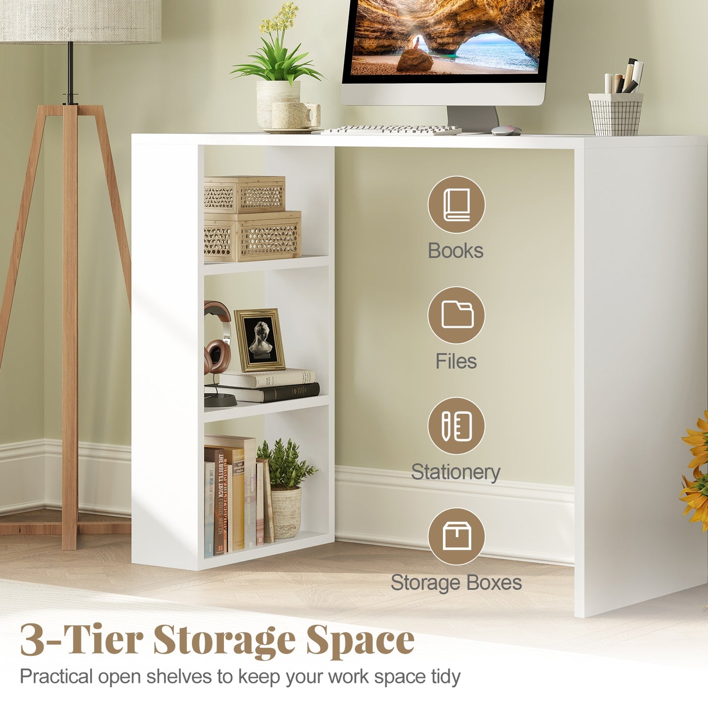 36 Inch White Computer Desk with 3 Open Shelves for Home Office Study-White Kids Crystal