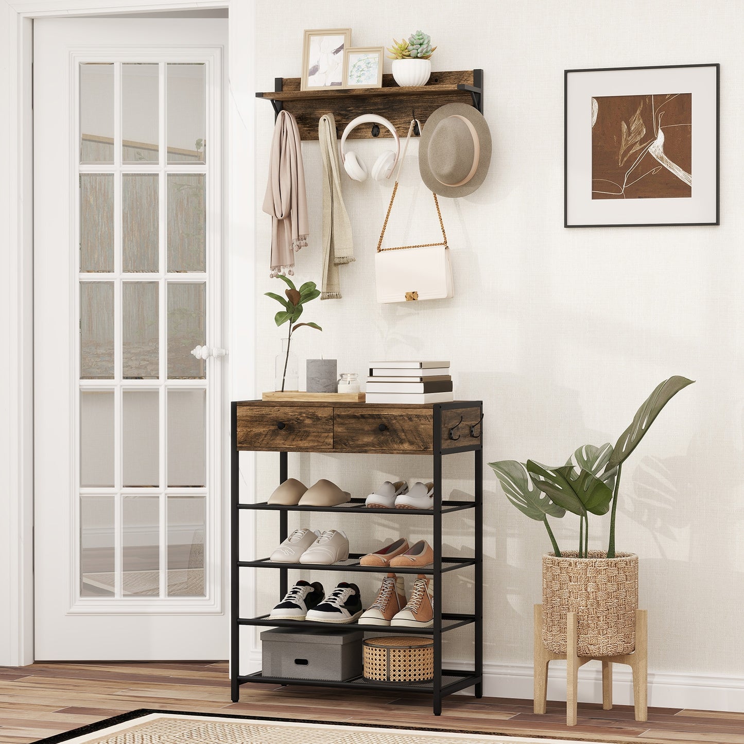 Coat Rack Shoe Stand Set 5-Tier Shoe Rack with Wall-Mounted Coat Hanger-Brown Kids Crystal