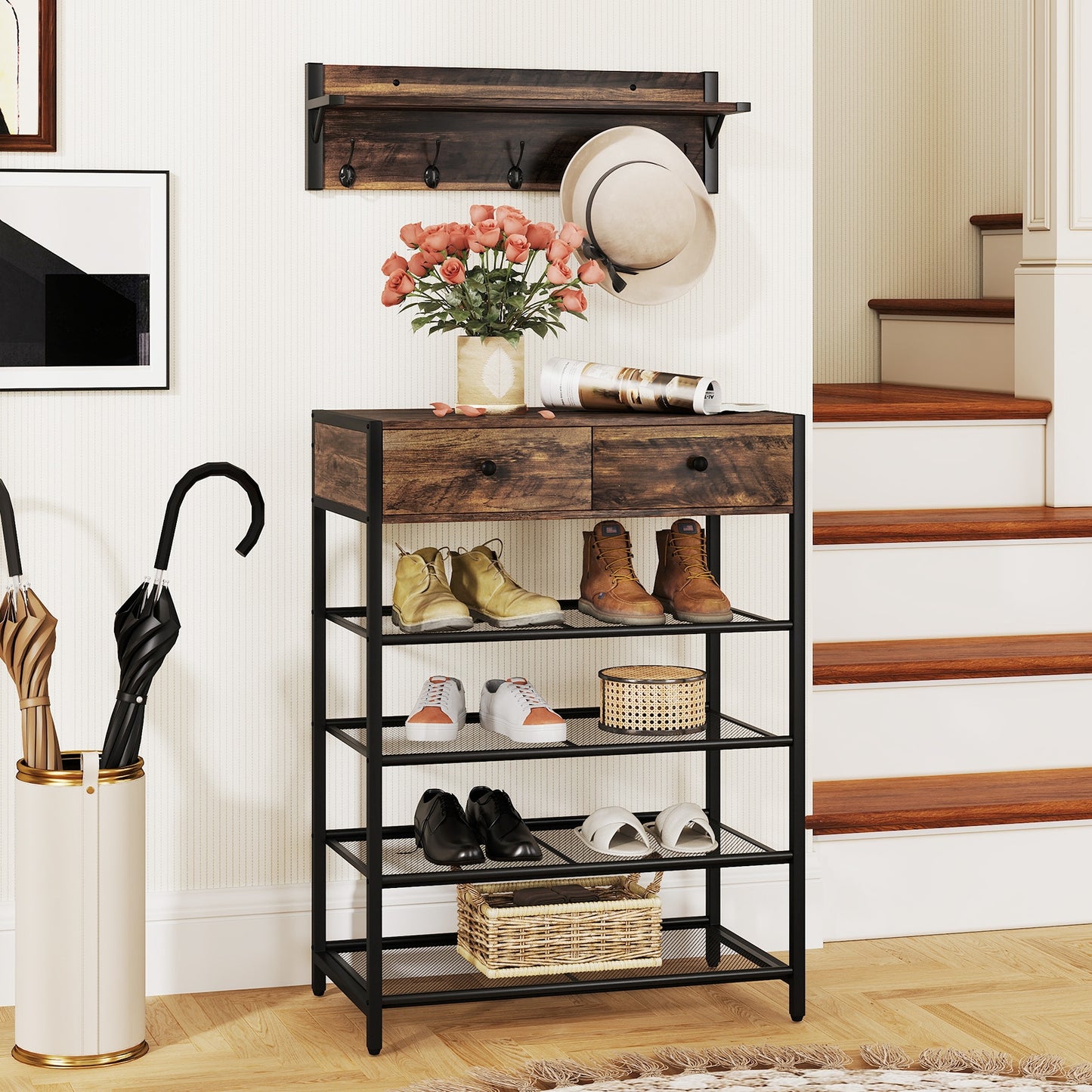 Coat Rack Shoe Stand Set 5-Tier Shoe Rack with Wall-Mounted Coat Hanger-Brown Kids Crystal