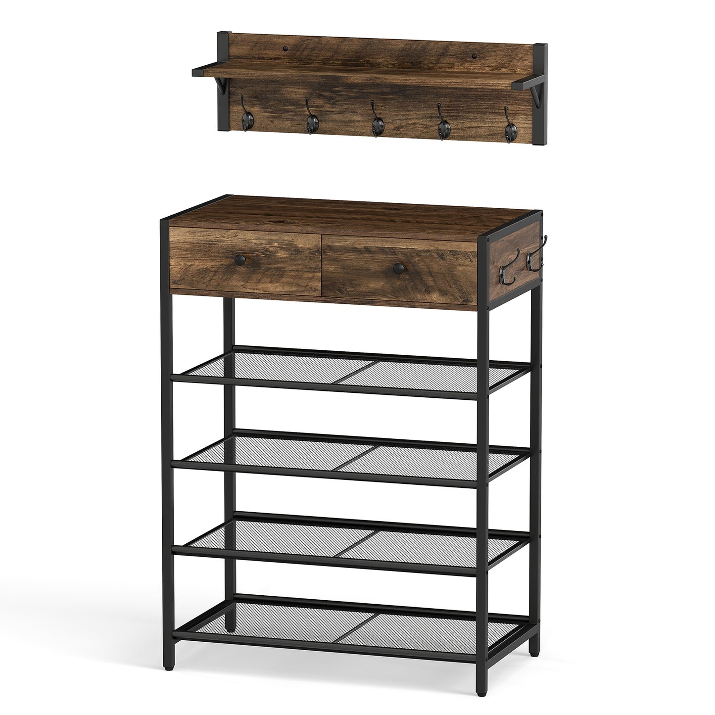 Coat Rack Shoe Stand Set 5-Tier Shoe Rack with Wall-Mounted Coat Hanger-Brown Kids Crystal