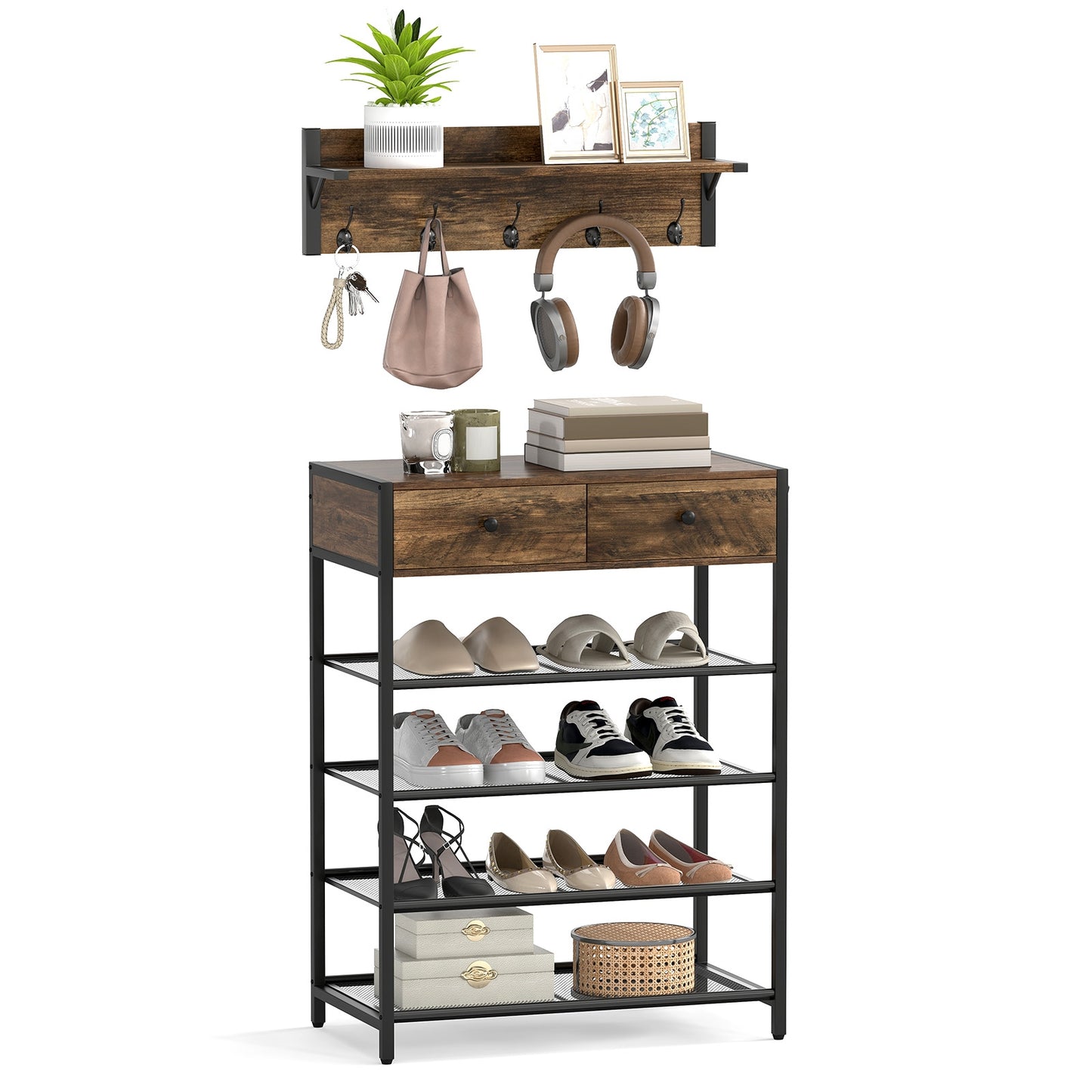 Coat Rack Shoe Stand Set 5-Tier Shoe Rack with Wall-Mounted Coat Hanger-Brown Kids Crystal