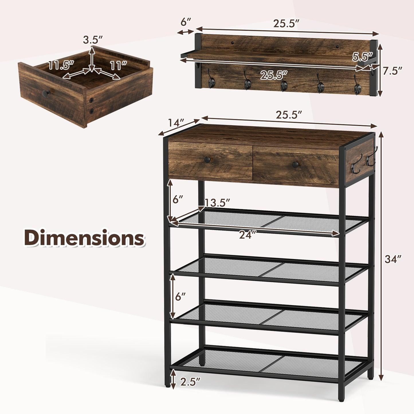 Coat Rack Shoe Stand Set 5-Tier Shoe Rack with Wall-Mounted Coat Hanger-Brown Kids Crystal