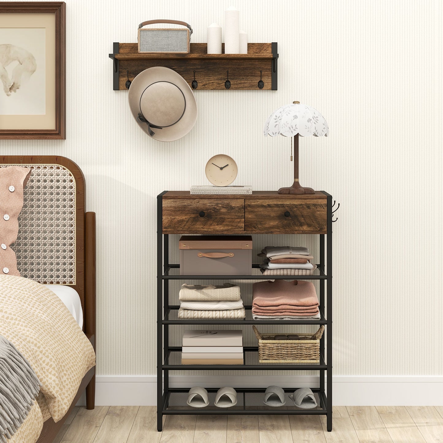 Coat Rack Shoe Stand Set 5-Tier Shoe Rack with Wall-Mounted Coat Hanger-Brown Kids Crystal