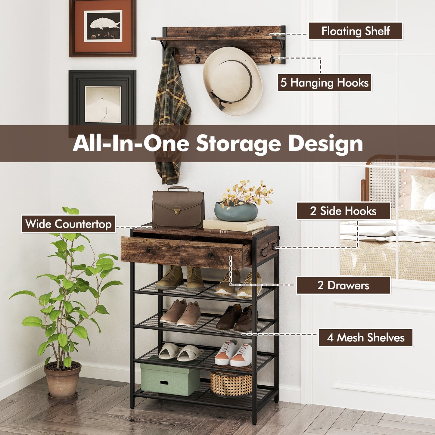 Coat Rack Shoe Stand Set 5-Tier Shoe Rack with Wall-Mounted Coat Hanger-Brown Kids Crystal