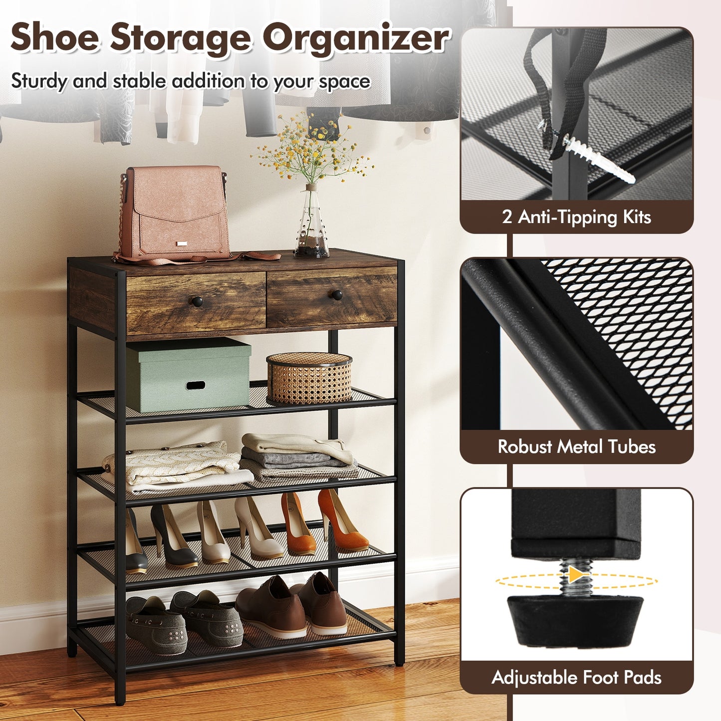 Coat Rack Shoe Stand Set 5-Tier Shoe Rack with Wall-Mounted Coat Hanger-Brown Kids Crystal
