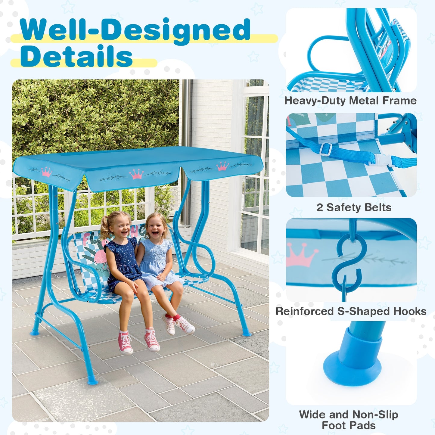 2-Seater Kids Patio Swing with Metal Stand and Adjustable Canopy-Navy Kids Crystal