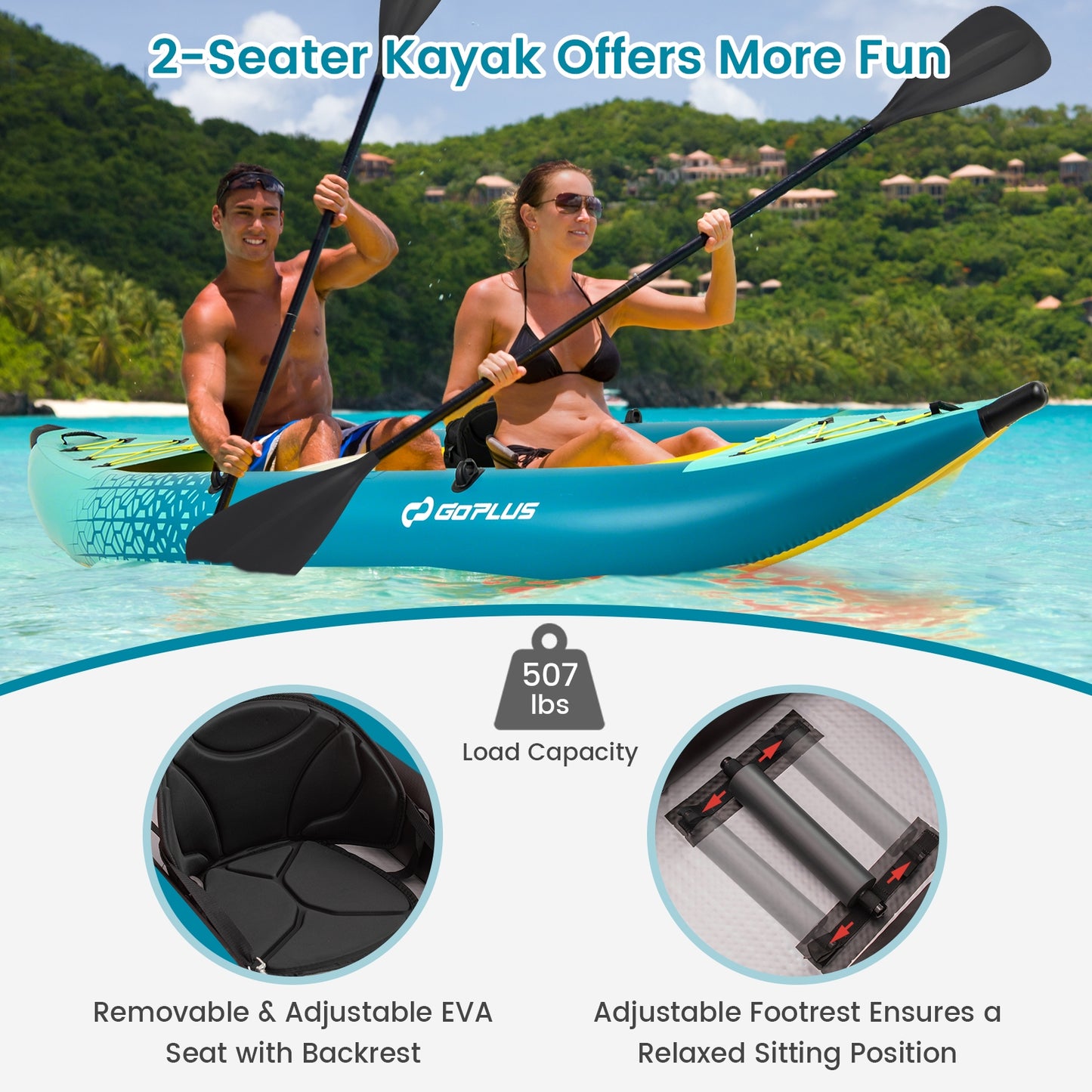 Inflatable 2-person Kayak Set with Aluminium Oars and Repair Kit-Green