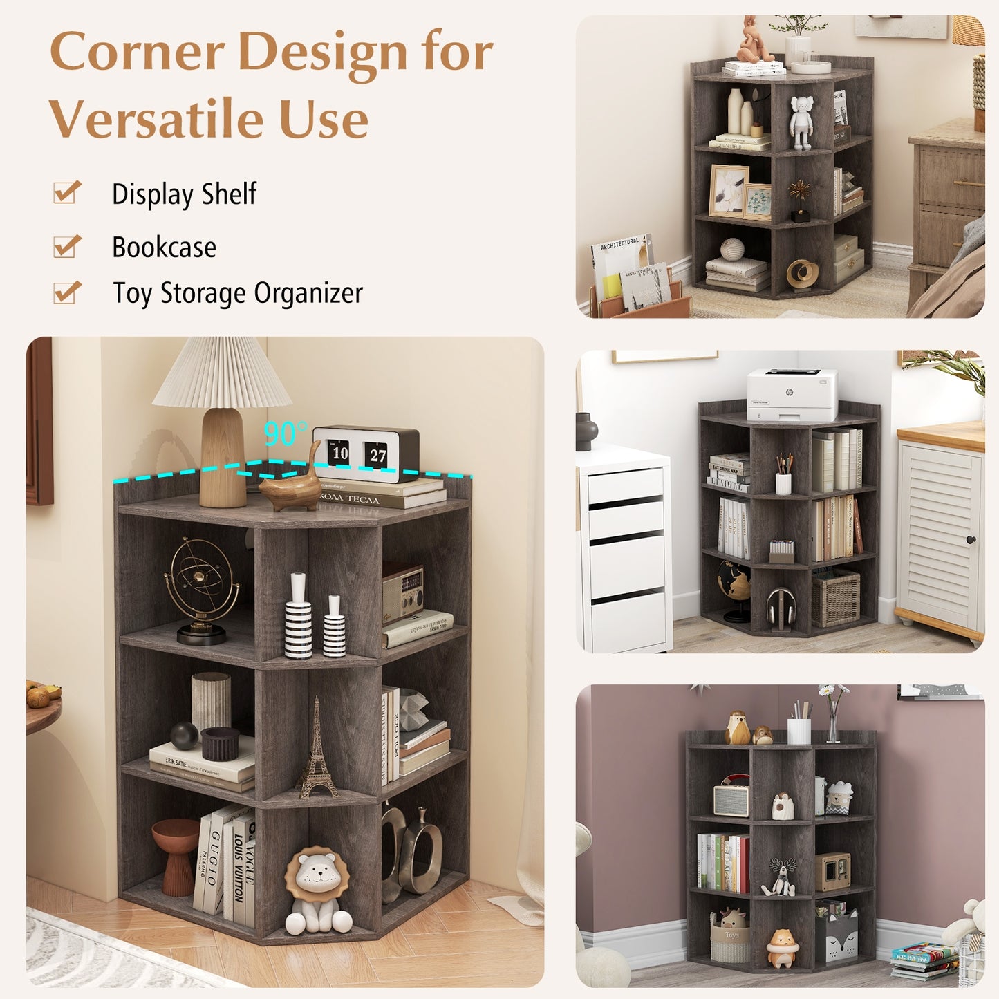 3-Tier Corner Cabinet with Charging Station for Bedroom-Gray Kids Crystal