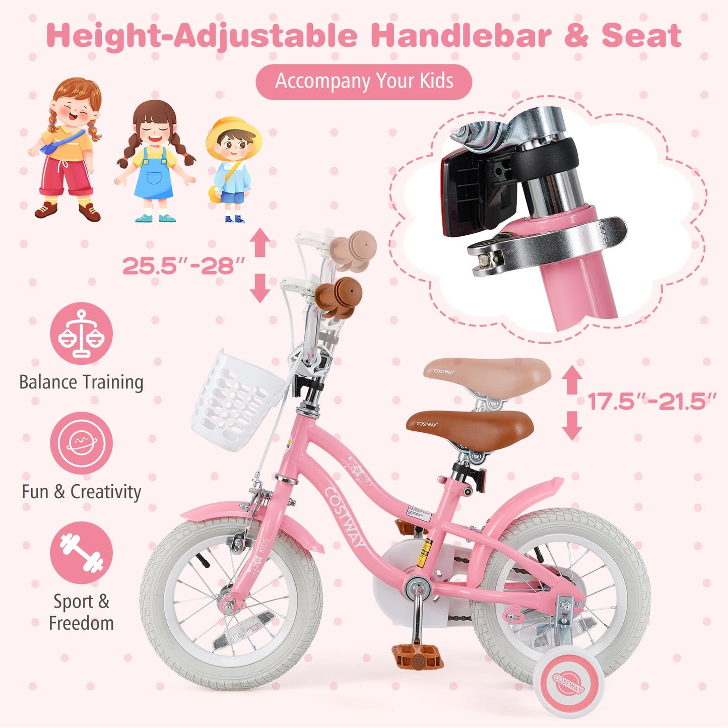 12 Inch Kids Bike with Training Wheels and Basket for Boys Girls 3-4 Years Old Kids Crystal